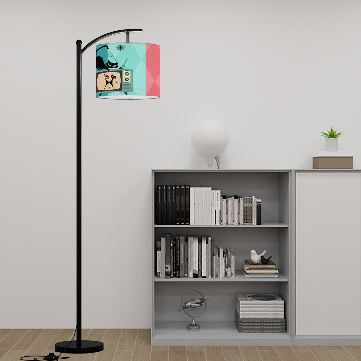 Atomic Cat Mid Century Modern Floor Lamp, Kitsch Pink, Aqua Teal Mod Arc Lighting - Mid Century Modern Gal