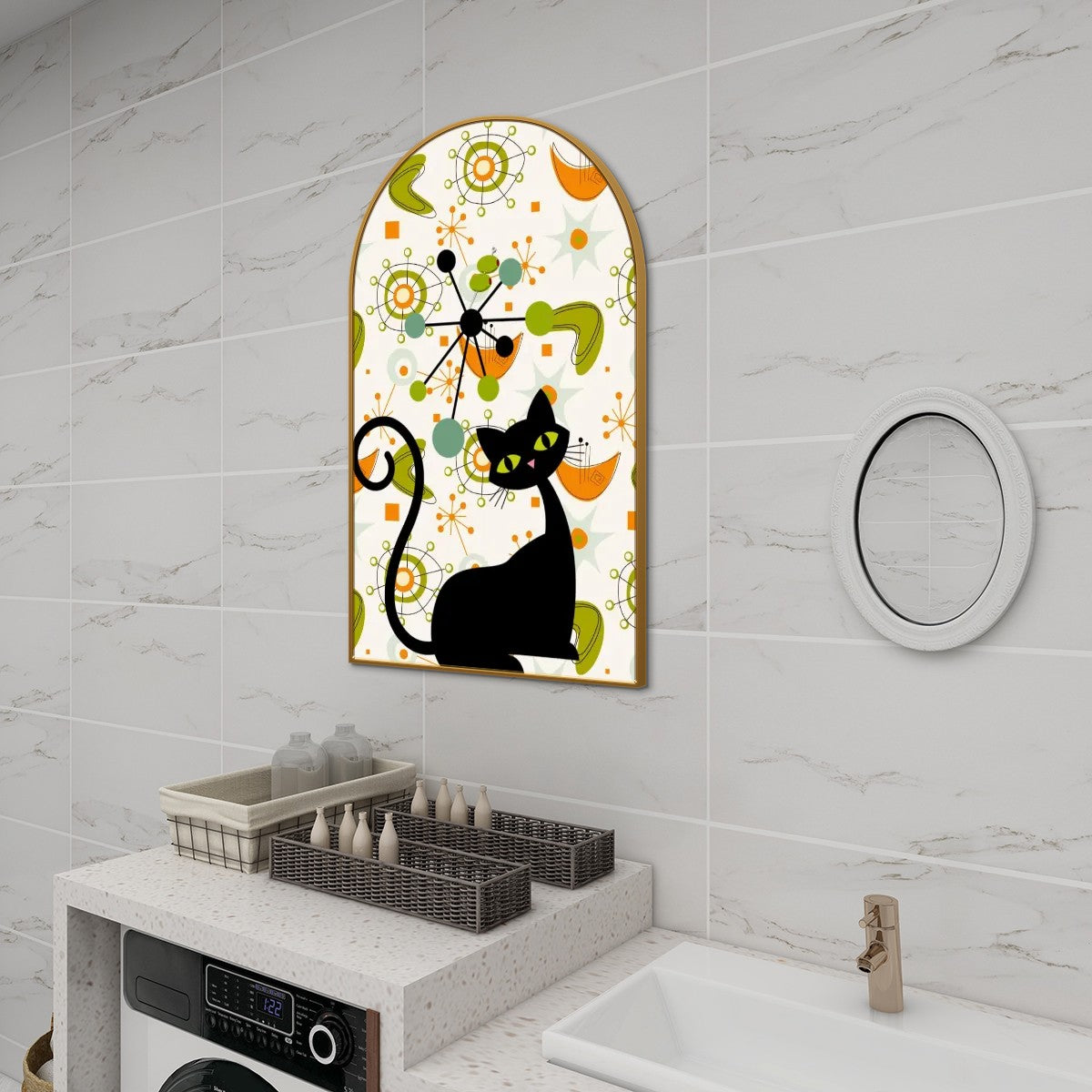 Atomic Cat Mid Century Modern Green, Orange Boomerang RetroArched Canvas Print - Mid Century Modern Gal