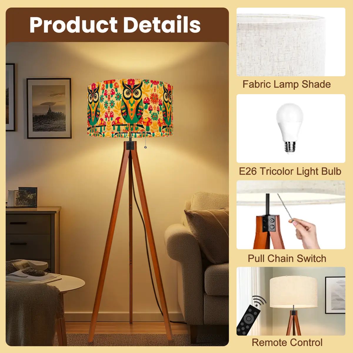 Flower Power Mushroom Owl, 70s Mid Mod Retro Tripod Floor Lamp - Mid Century Modern Gal