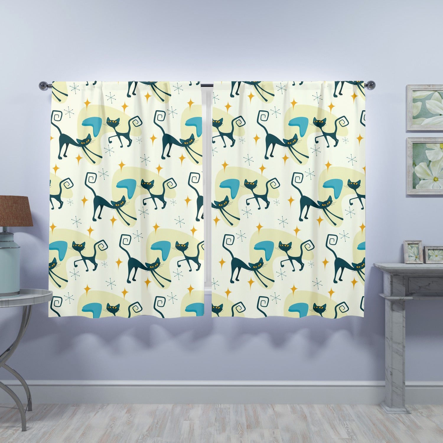 Atomic Cat Mid Century Modern Window Curtains (two panels) - Mid Century Modern Gal
