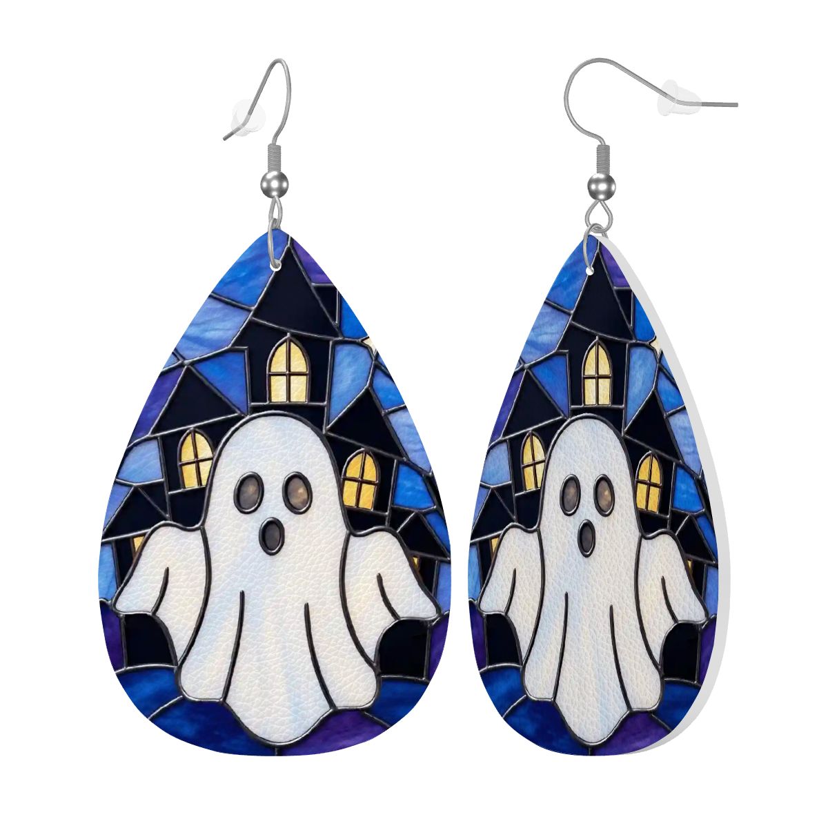 Halloween Stained Glass Style Ghost Haunted House Vegan Leather Teardrop Earrings