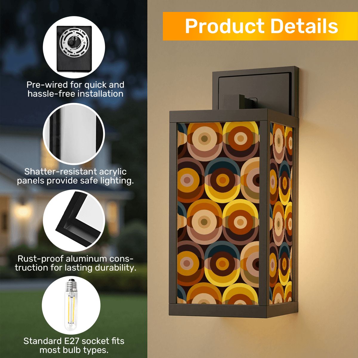 Mid Century Modern Retro Orbs Brown Golden Yellow, Beige Retro Patio Wall Light - Mid Century Modern Gal