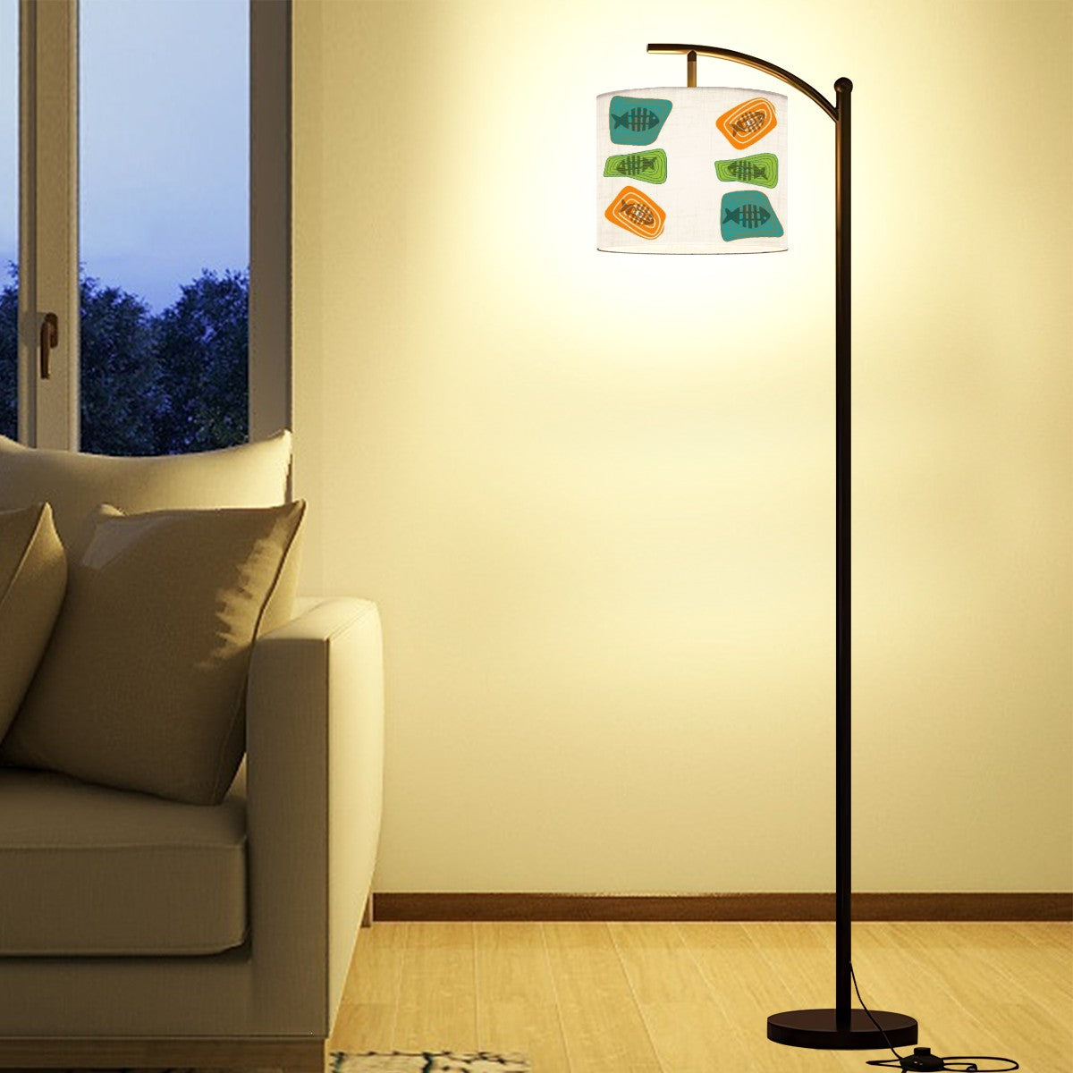 Mid Century Modern Fish Art Arc Floor Lamp, Orange, Teal Green Mid Mod Home Design - Mid Century Modern Gal