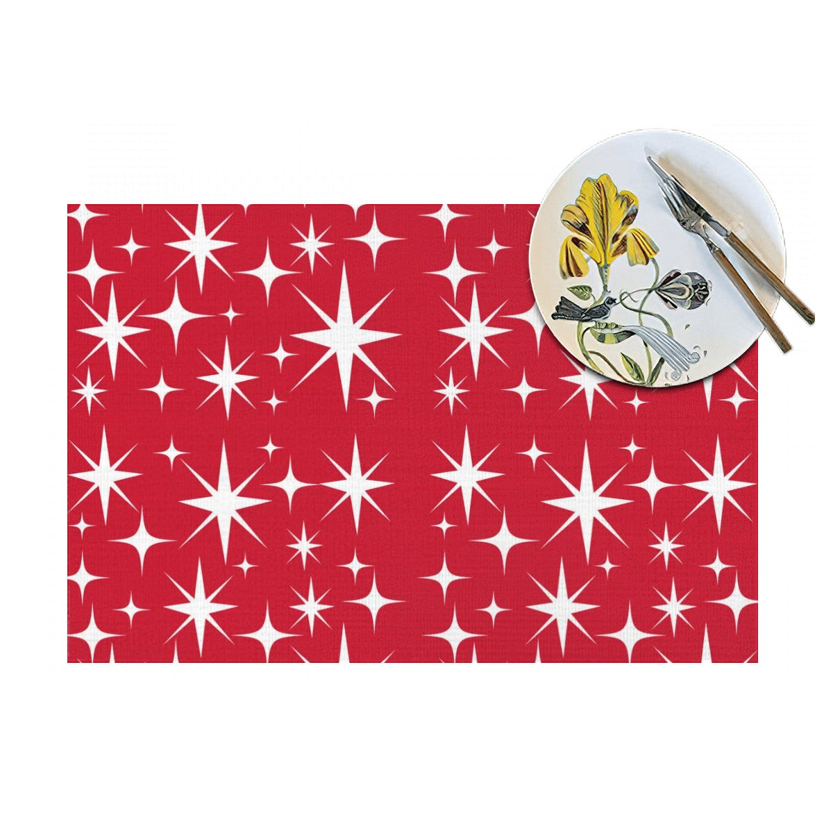 Retro Red Atomic White Starbursts Kitschy MCM Woven Placemat - Mid Century Modern Gal