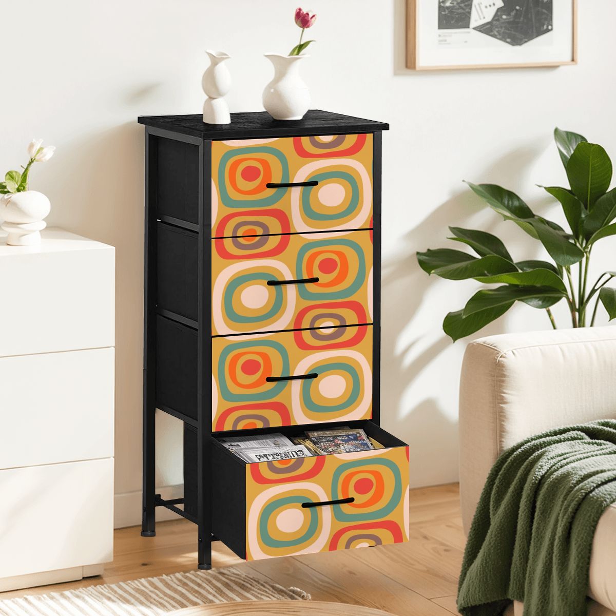 Mid Century Modern Geometric Design Orange Green Retro Designed 4-Drawer Dresser - Mid Century Modern Gal