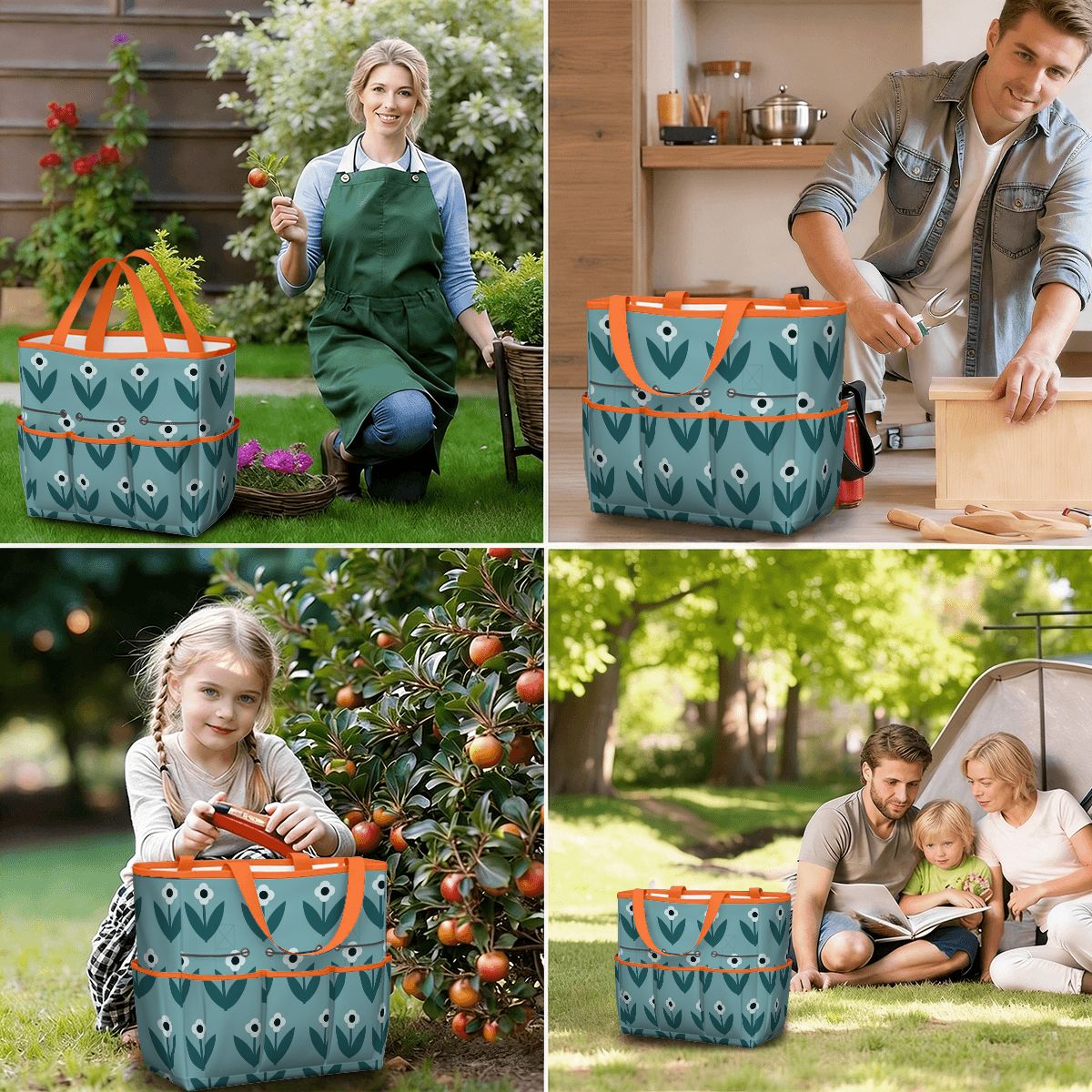 Scandinavian Teal Floral Mid Century Modern Garden Tool Bag