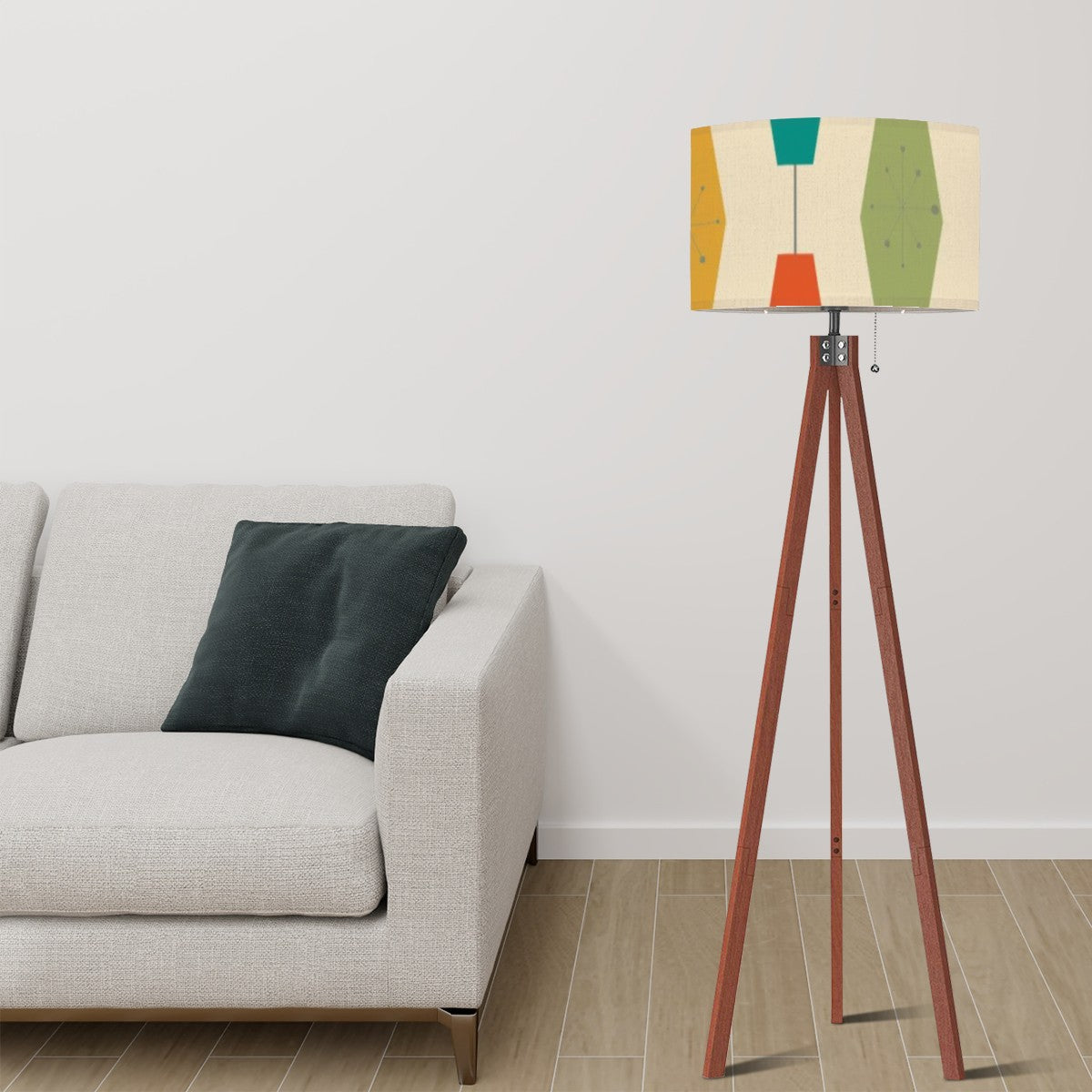 Mid Century Modern Wood Tripod Floor Lamp, Geometric Lantern Starburst Design - Mid Century Modern Gal