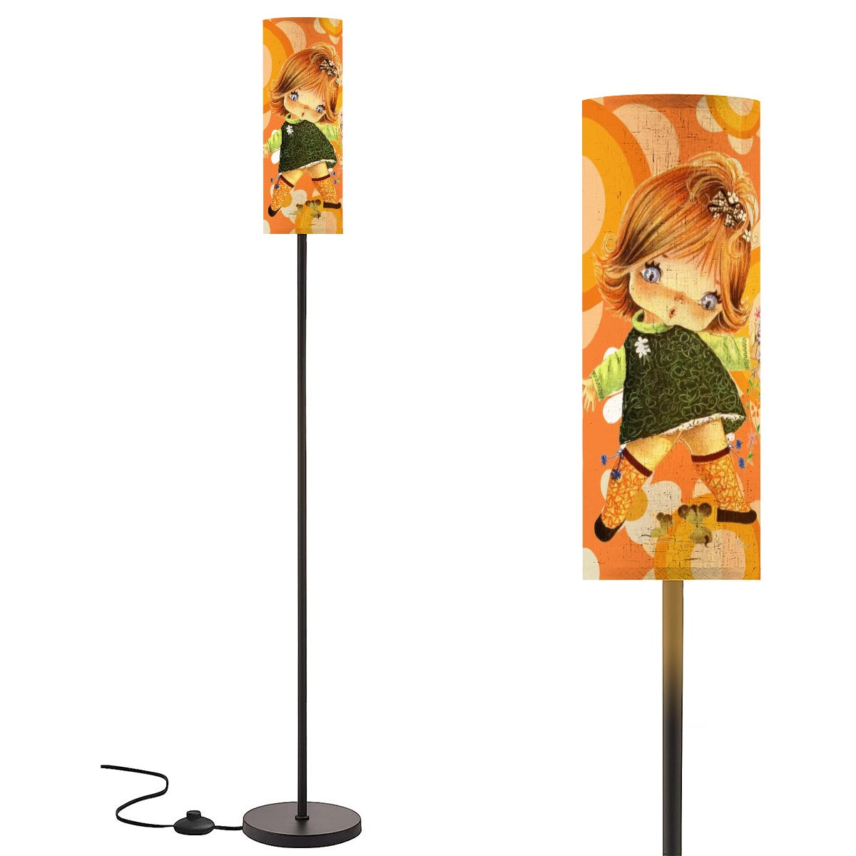 Retro 60s 70s Big-Eyed Girl Art Lamp, Flower Power Orange - Mid Century Modern Gal