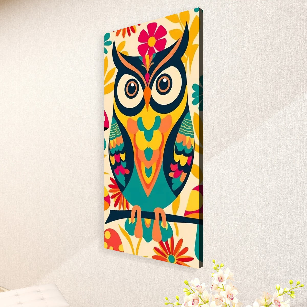 Retro Owl 70s Groovy Wall Art, Funky Fun Boho Colors Large Wall Canvas - Mid Century Modern Gal