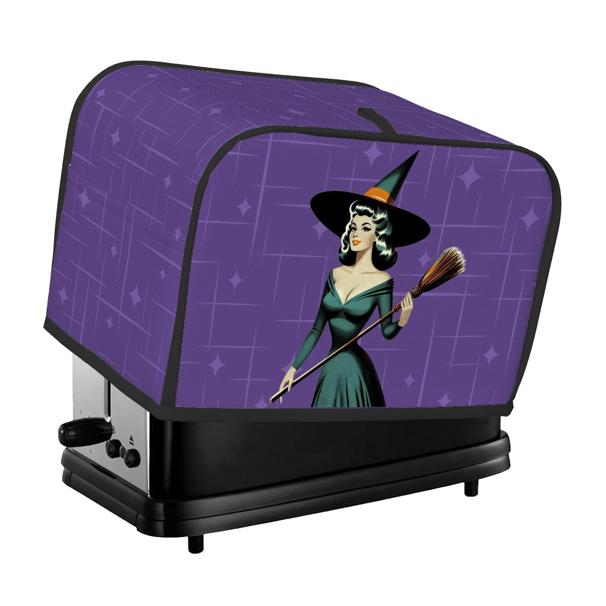Mid Century Modern Vintage Pin Up Witch Purple Teal Halloween 2 Slice Toaster Cover - Mid Century Modern Gal