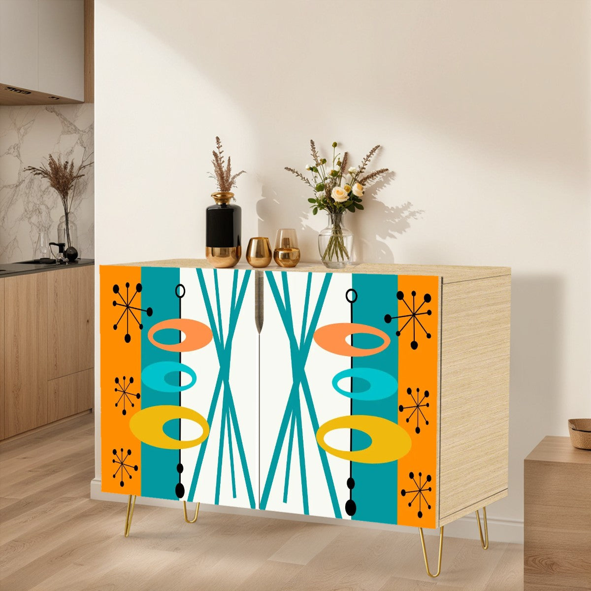 Atomic 50s Orange, Teal Mid Century Modern Wooden Storage Cabinet - Mid Century Modern Gal