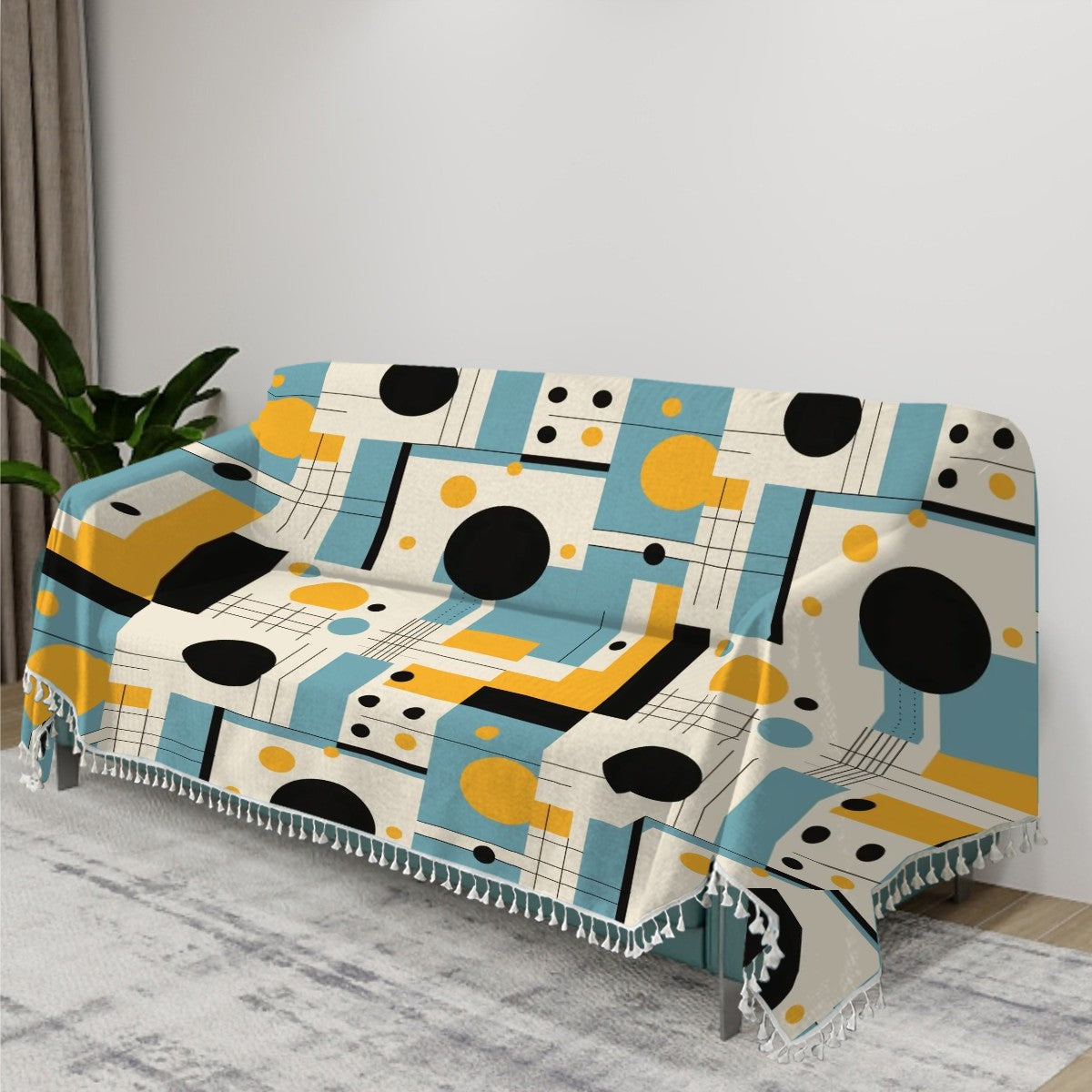 Mid Century Modern Bauhaus Designed, Blue, Yellow Black Geometric Couch Cover - Mid Century Modern Gal