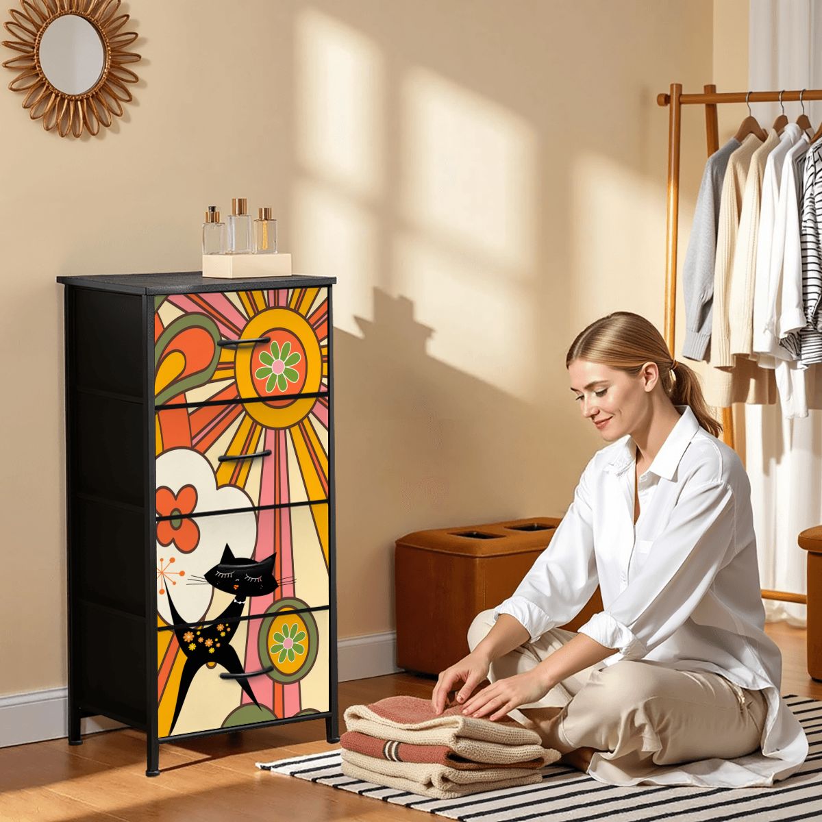 Retro Groovy 70s Sunshine Mid Mod Hippie Vibes and Atomic Cat 4-Drawer Dresser - Mid Century Modern Gal