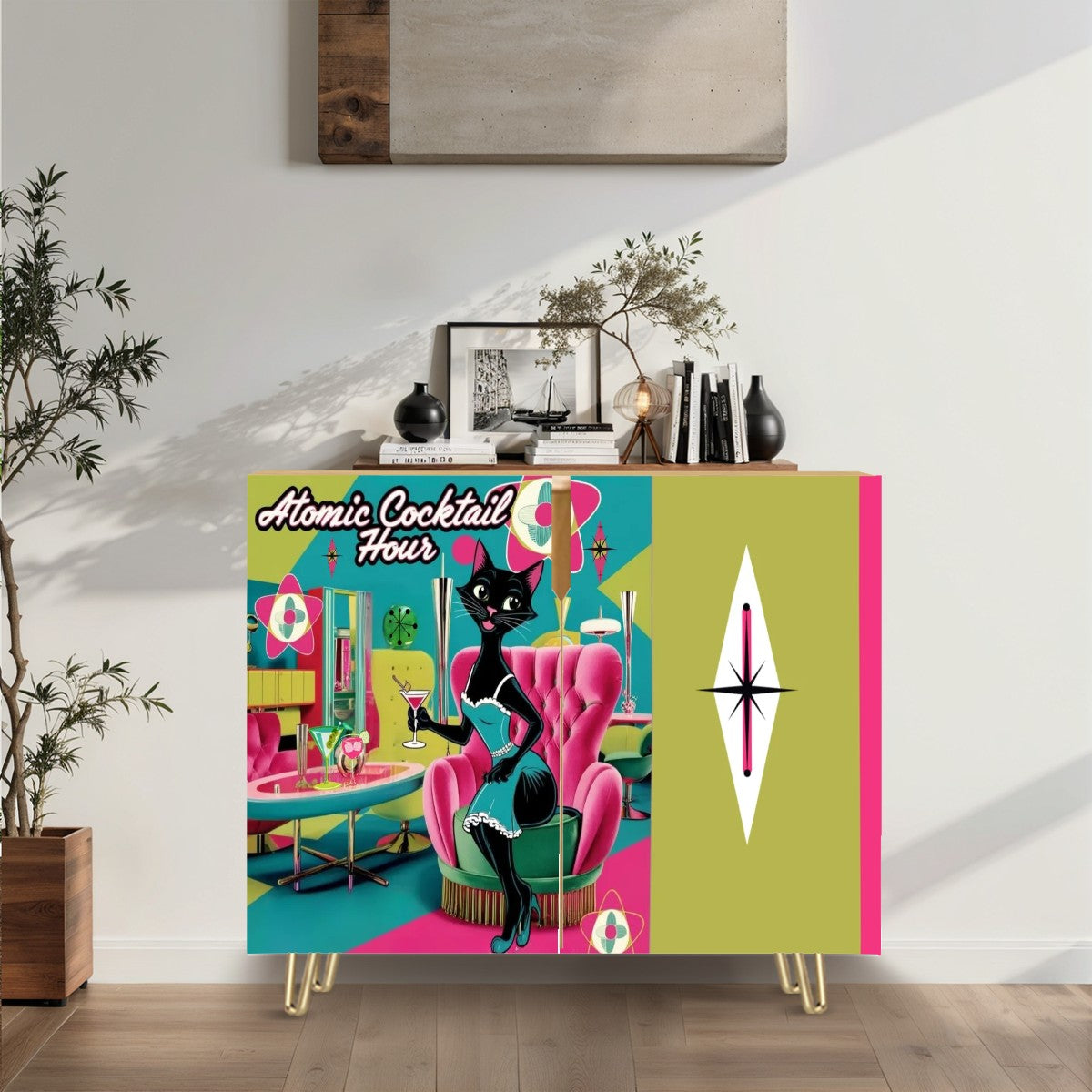 Mid Century Modern Bar Credenza Sideboard, Kitschy Mod Cat, Quirky Fun MCM Wooden Storage Cabinet - Mid Century Modern Gal