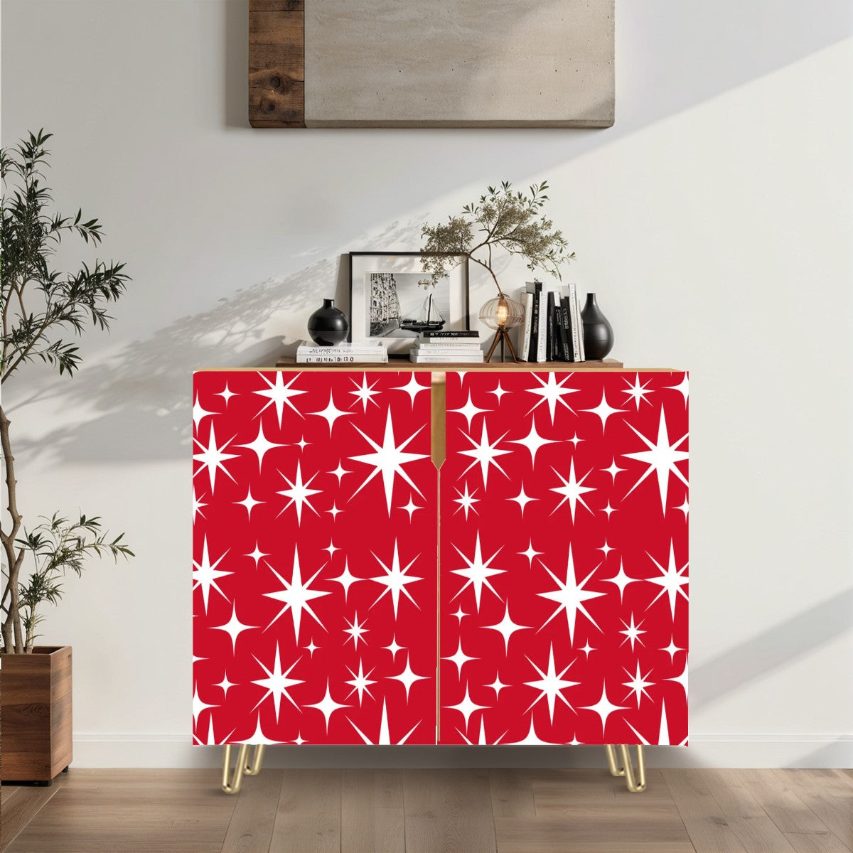 Atomic 50s Retro Red White Starburst, Mid Century Modern Wooden Storage Cabinet - Mid Century Modern Gal