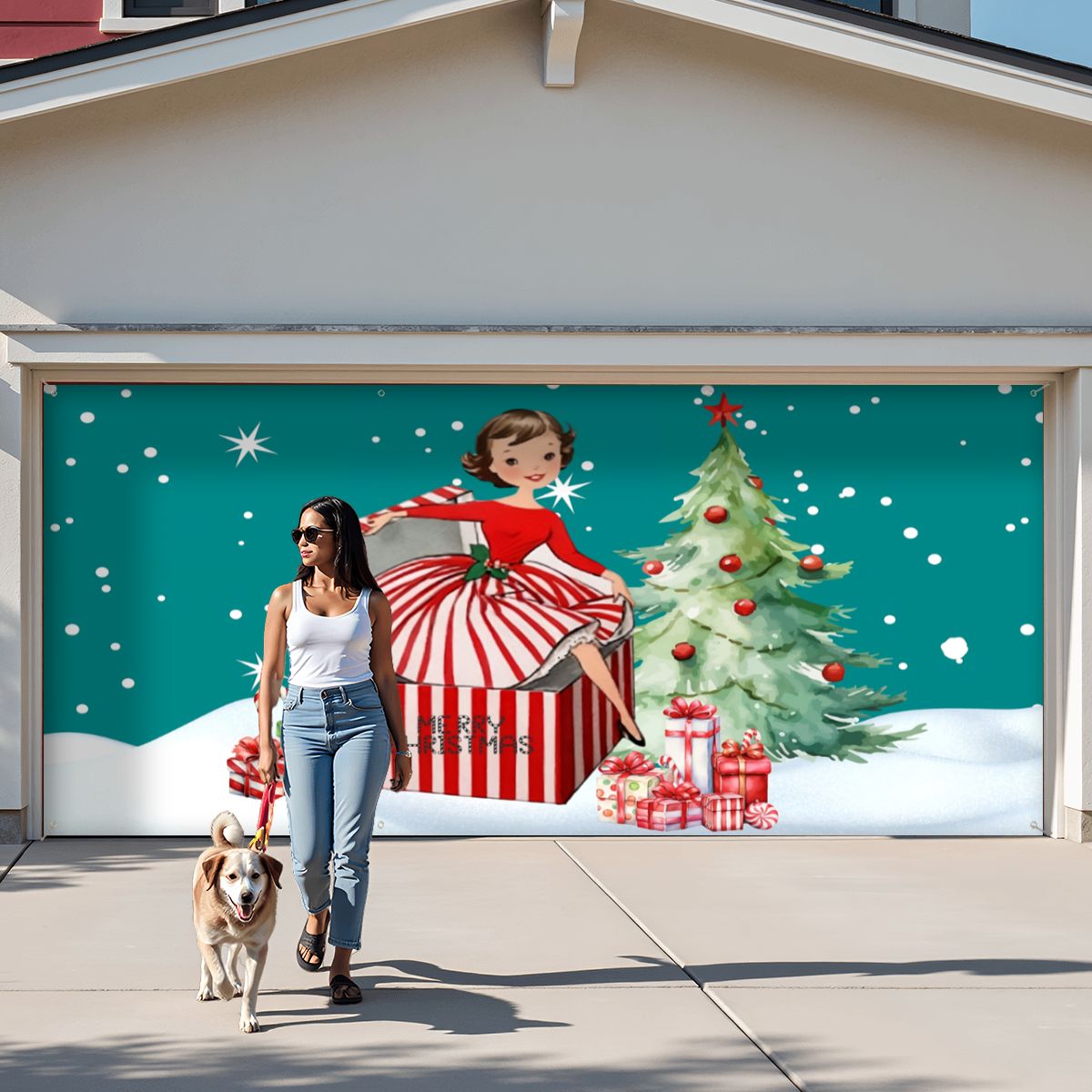 Mid Century Modern 50s Christmas Kitschy Modern Festive Garage Door Banner Backdrop - Mid Century Modern Gal