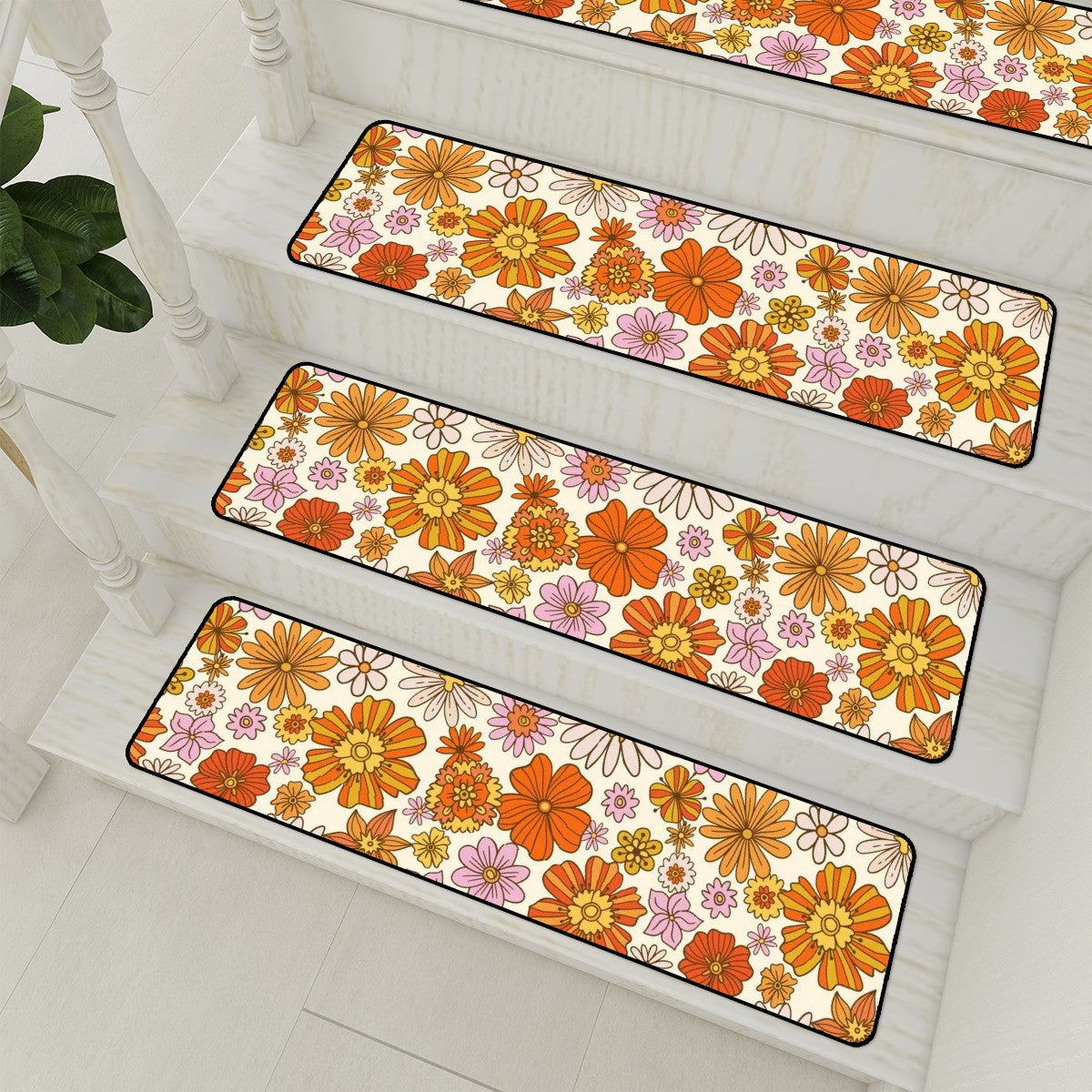 Mod 70s Flower Power Golden Yellow, Orange Funky Fun Non Slip Carpet for Stairs Treads - Mid Century Modern Gal