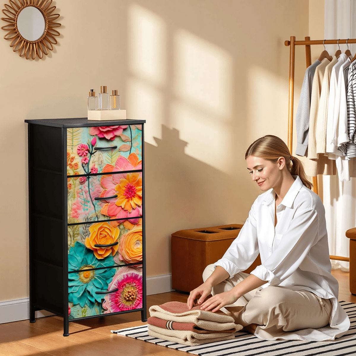 Bohemian Retro Flower, Faux Pressed Floral Mod 4-Drawer Dresser - Mid Century Modern Gal