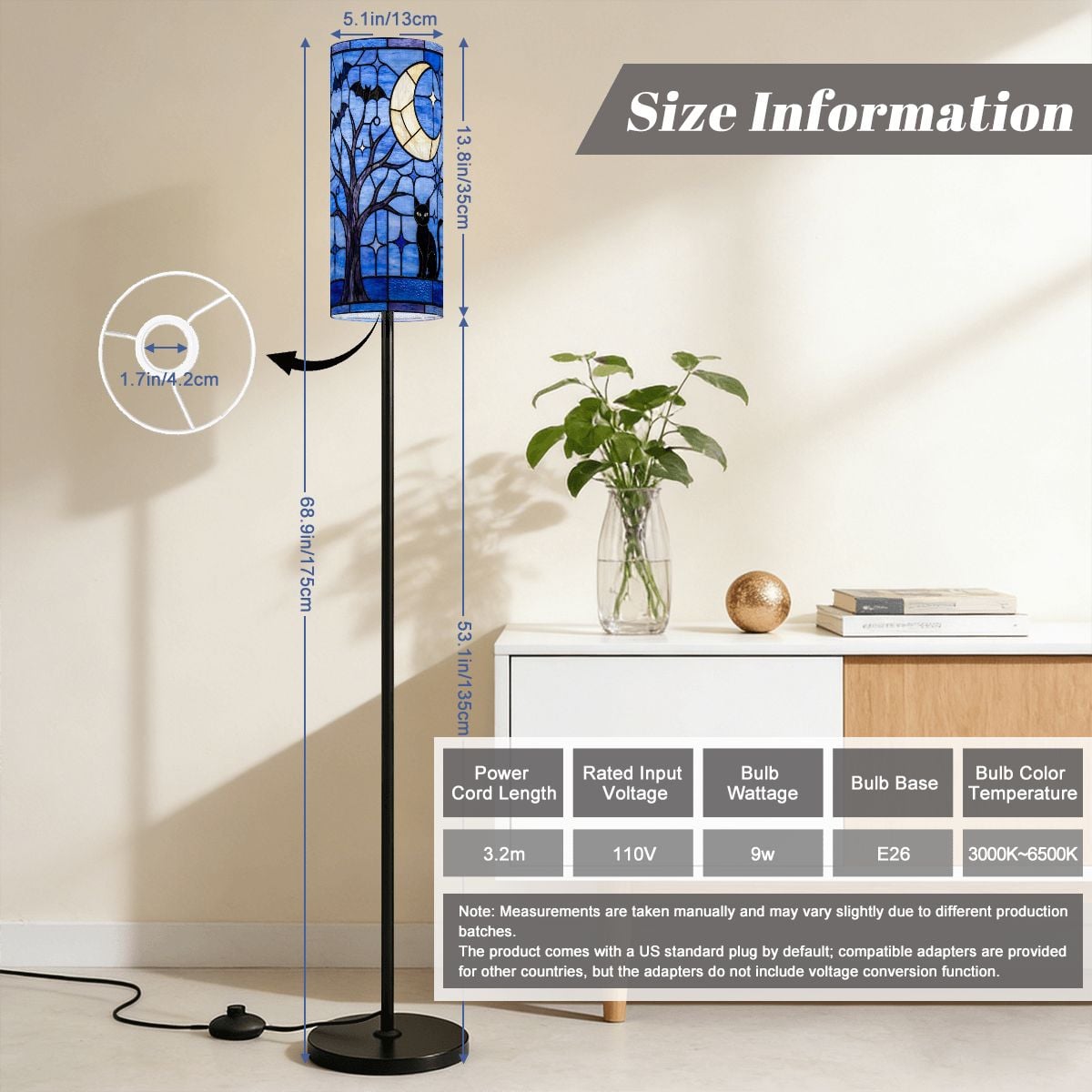 Halloween Stained Glass Style Night Sky Black Cat Slim Floor Lamp