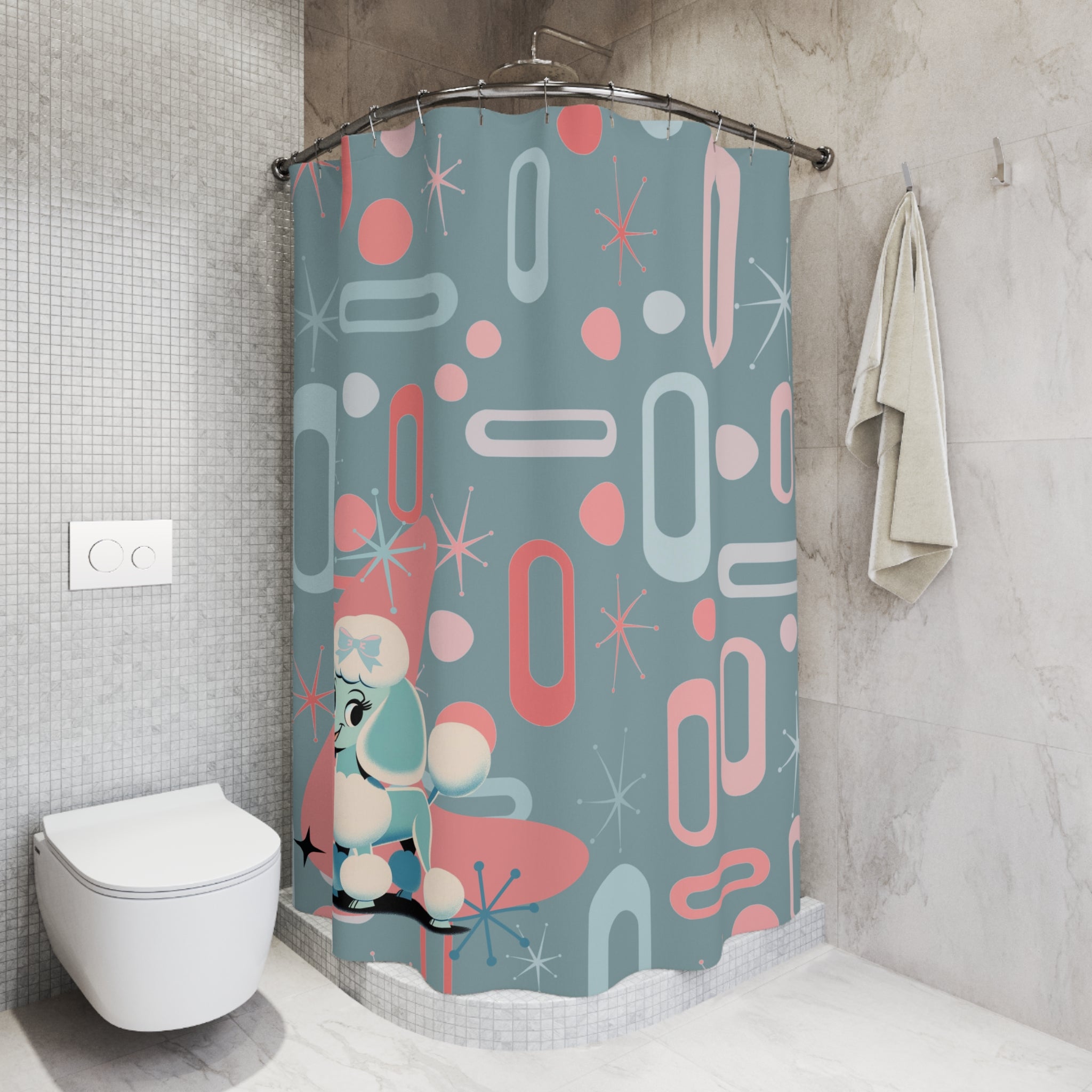 Mid Century Modern Atomic 50s Kitschy Cute Poodle Retro Shower Curtain - Mid Century Modern Gal