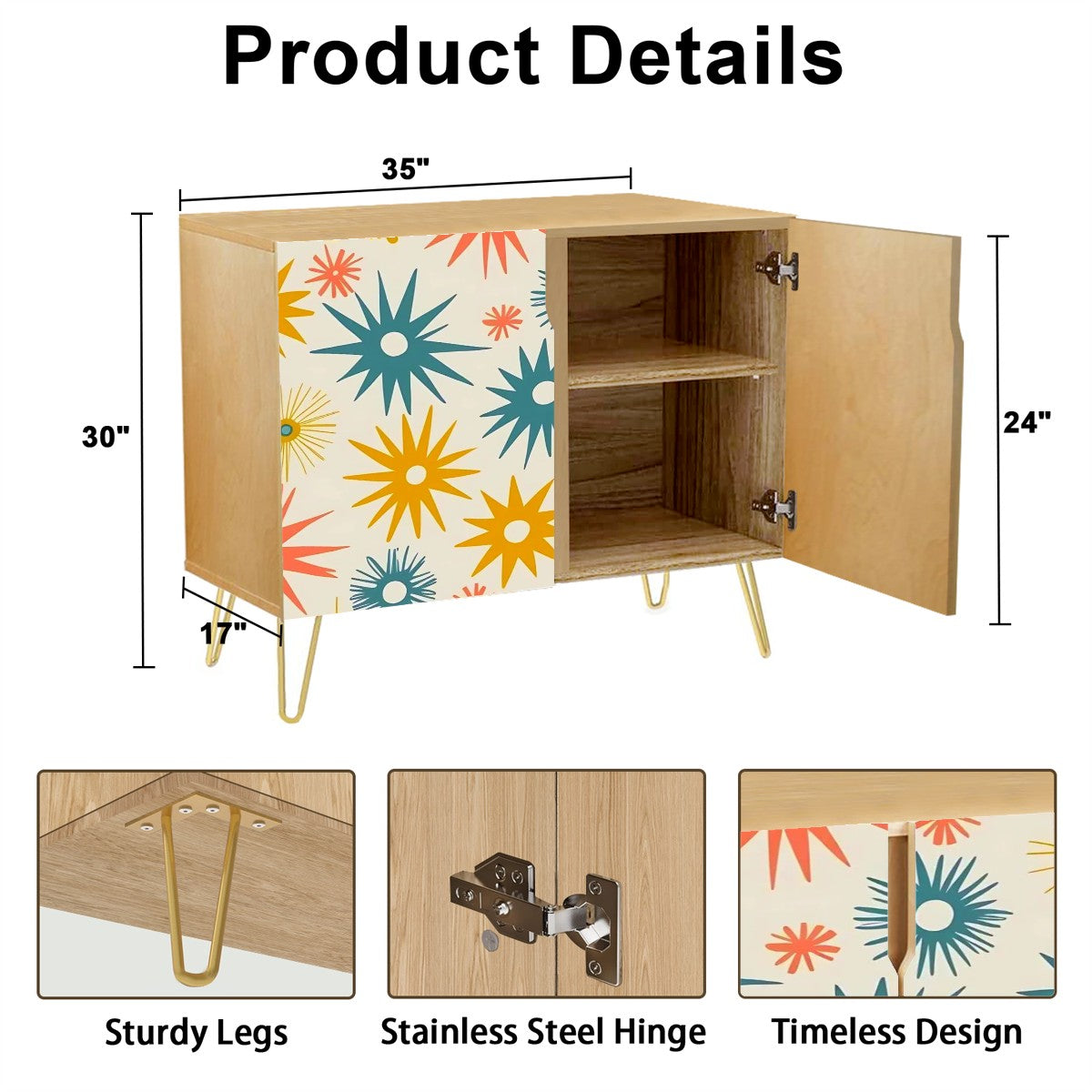 Mid Century Modern Wooden Storage Cabinet, Atomic Starbursts, Mod Credenza Sideboard - Mid Century Modern Gal