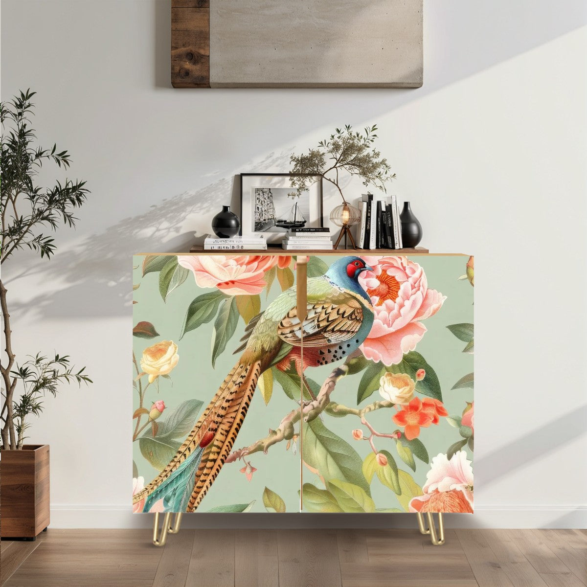 Chinoiserie Floral Pheasant Elegant Green Pink Sideboard Cabinet - Mid Century Modern Gal