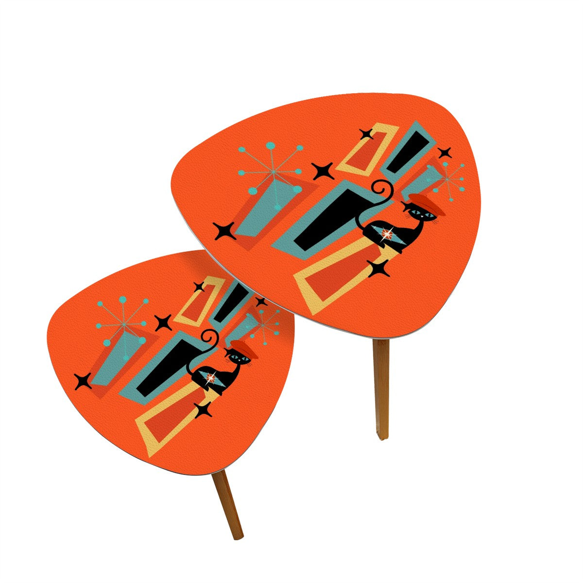 Mid Century Modern Nesting Tables, Orange, Atomic Kitschy Cat, Retro Triangle Coffee Table Set - Mid Century Modern Gal