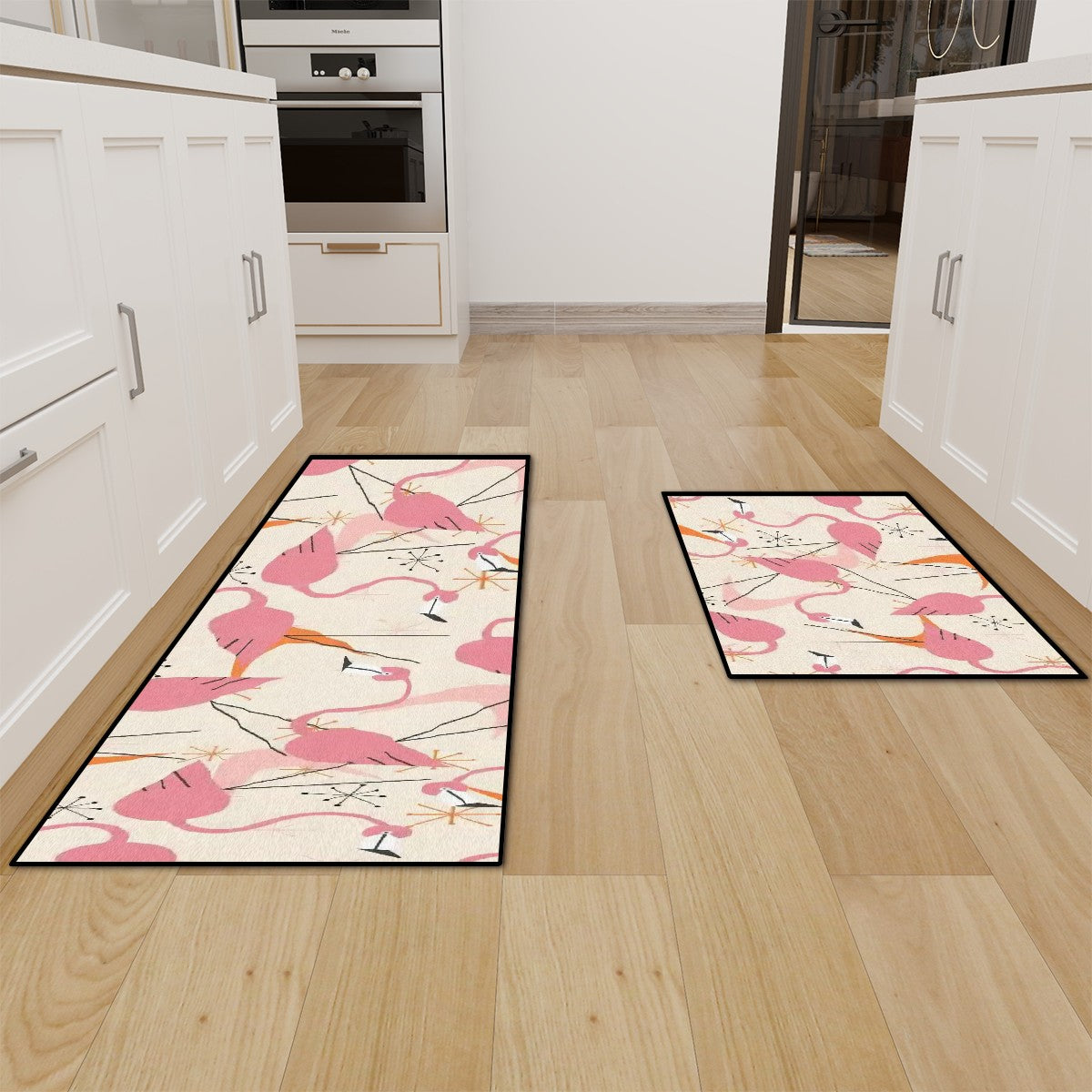 50s Flamingo Kitschy Quirky Mid Mod Palm Springs California Style Kitchen Area Rug Set for Floor Non-Slip Washable - Mid Century Modern Gal