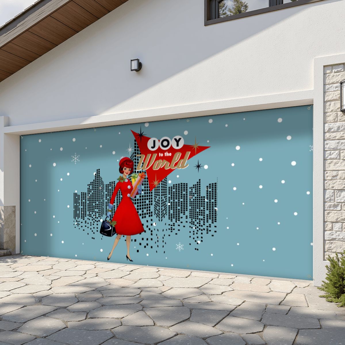 Mid Century Modern Christmas, Mod Gal, Joy To The World City Scape Garage Door Banner Backdrop - Mid Century Modern Gal