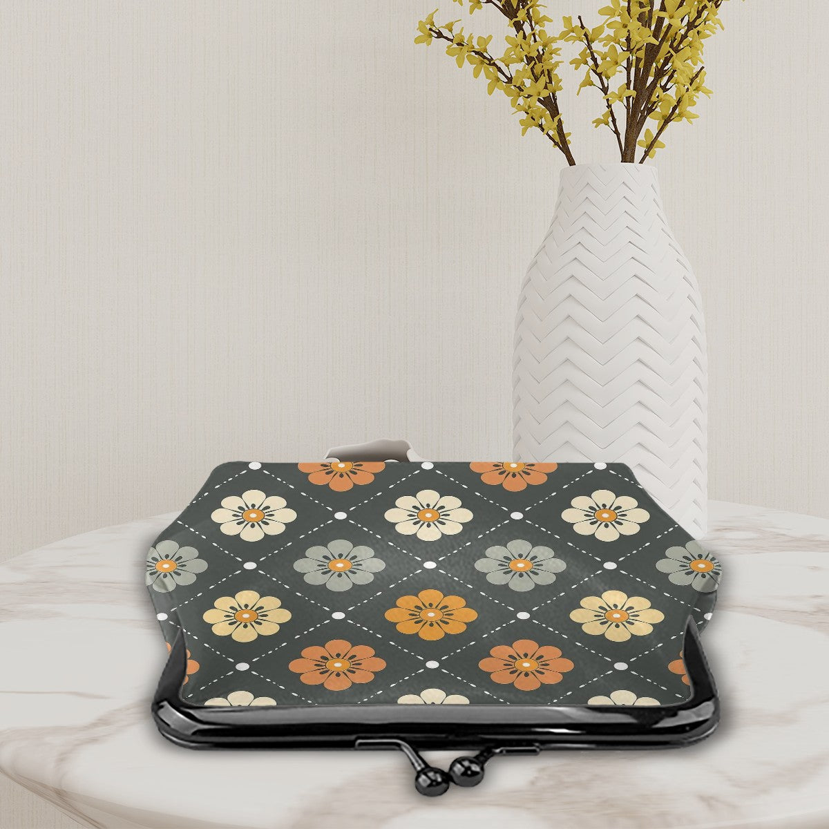 Scandinavian Floral, Mustard Yellow, Gray Mid Century Modern Coin Purse - Mid Century Modern Gal