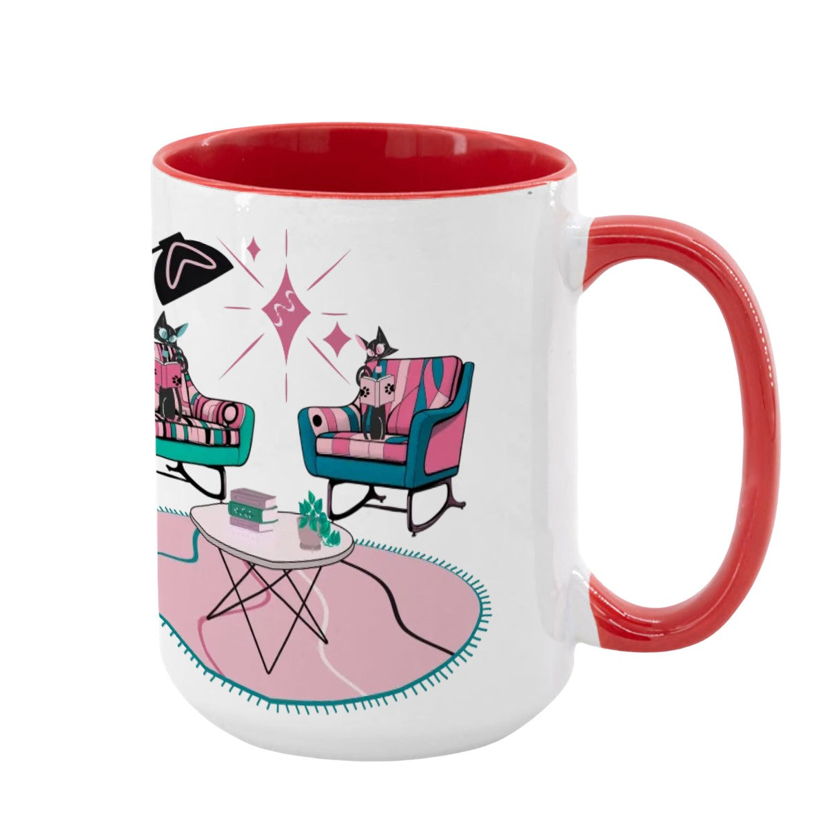 Atomic Reading Cats, Kitschy Mid Century Modern Large Colorful Mug (15oz) - Mid Century Modern Gal