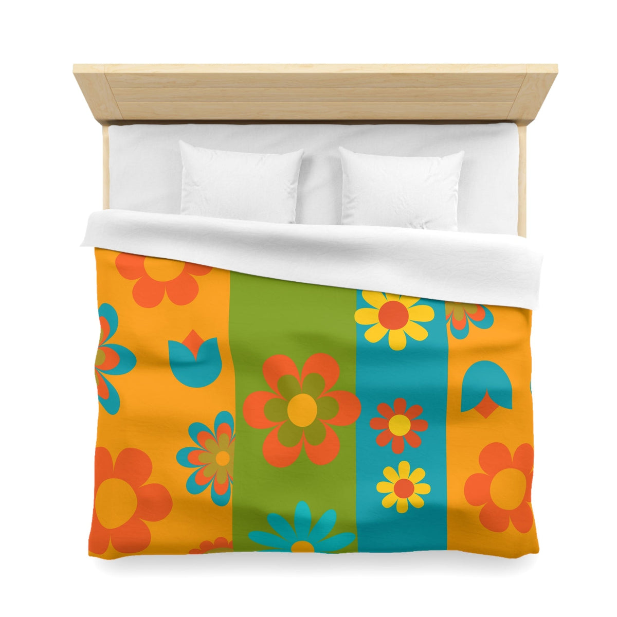 70's Flower Power Retro Bedding, Orange, Green, Yellow, Blue, Hipster Style Microfiber Duvet Cover Home Decor