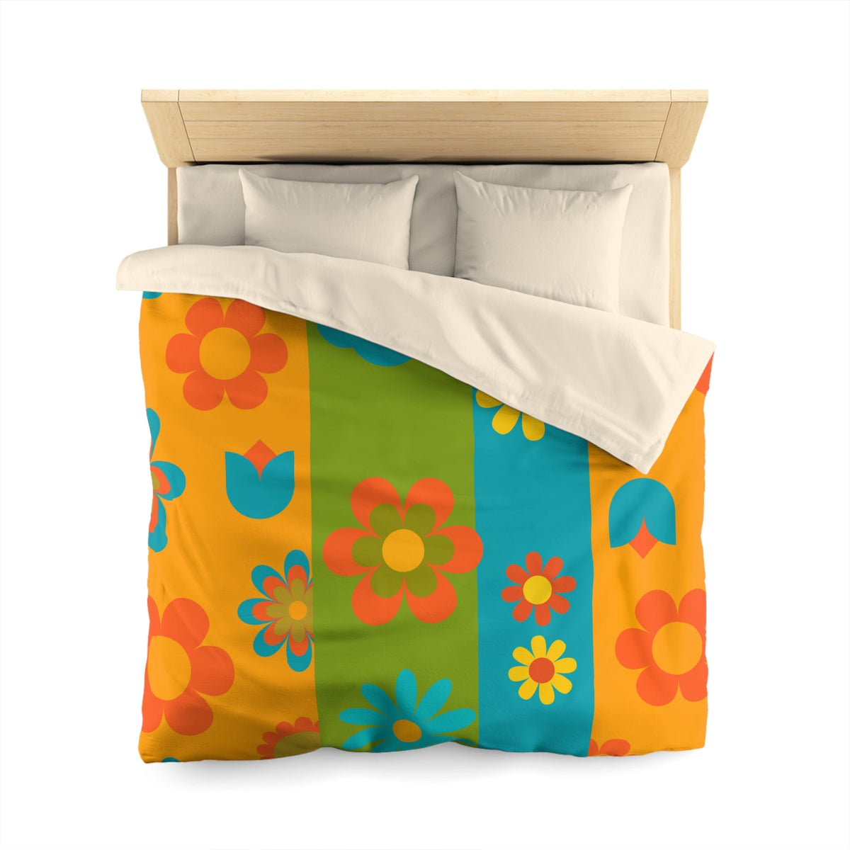 70's Flower Power Retro Bedding, Orange, Green, Yellow, Blue, Hipster Style Microfiber Duvet Cover Home Decor