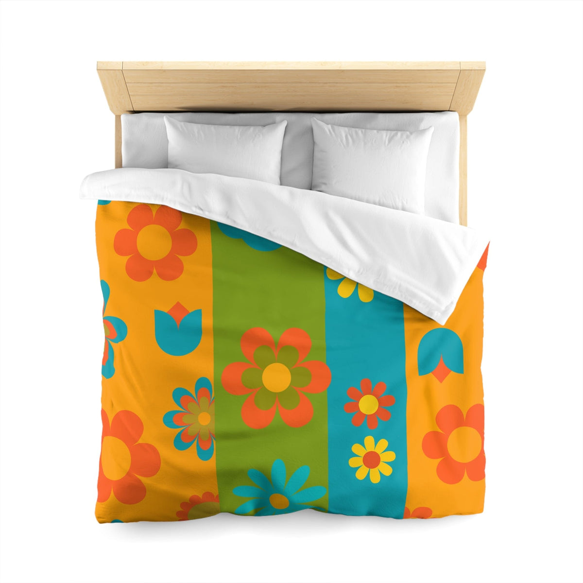 70's Flower Power Retro Bedding, Orange, Green, Yellow, Blue, Hipster Style Microfiber Duvet Cover Home Decor