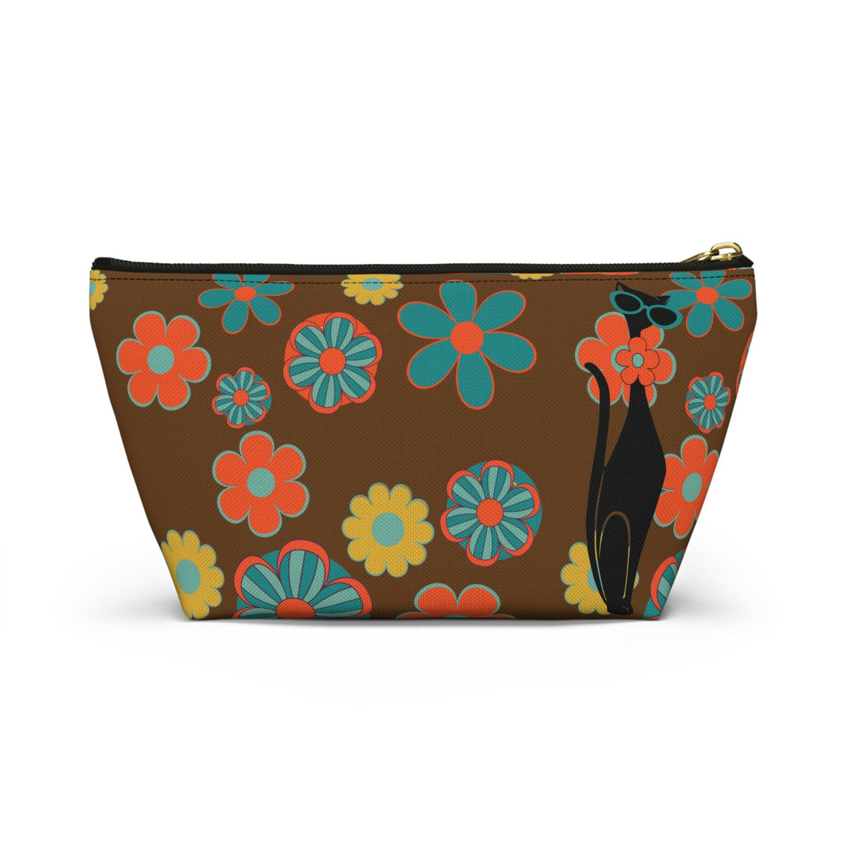 70's Flower Power, Retro Groovy Atomic Cat, Brown, Orange, Teal Accessory Makeup Pouch w T-bottom Bags