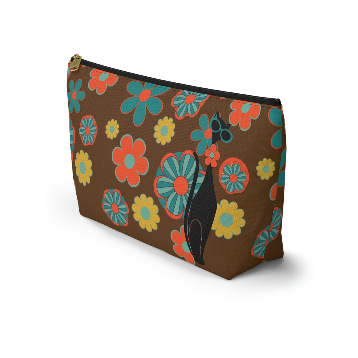 70's Flower Power, Retro Groovy Atomic Cat, Brown, Orange, Teal Accessory Makeup Pouch w T-bottom Bags