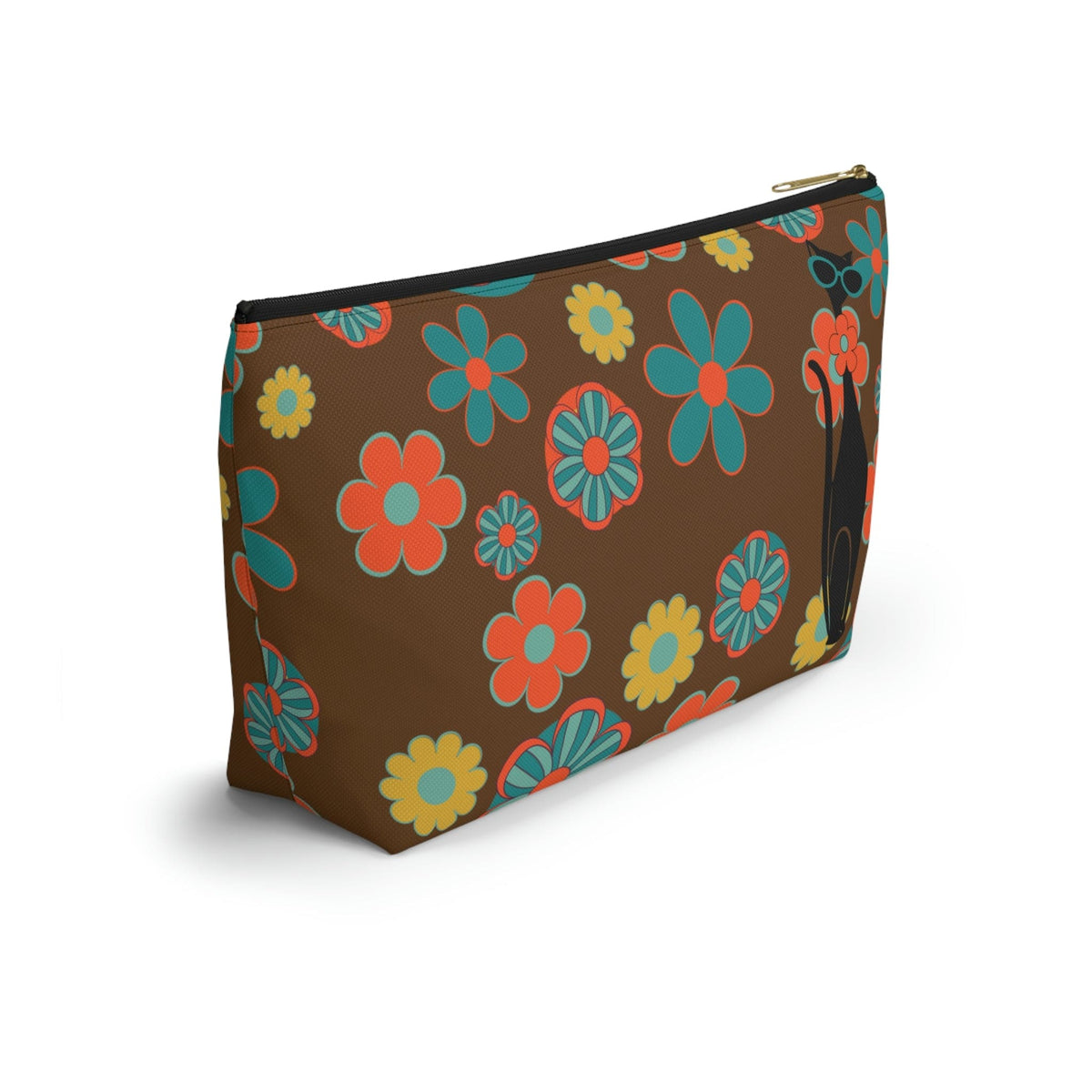 70's Flower Power, Retro Groovy Atomic Cat, Brown, Orange, Teal Accessory Makeup Pouch w T-bottom Bags