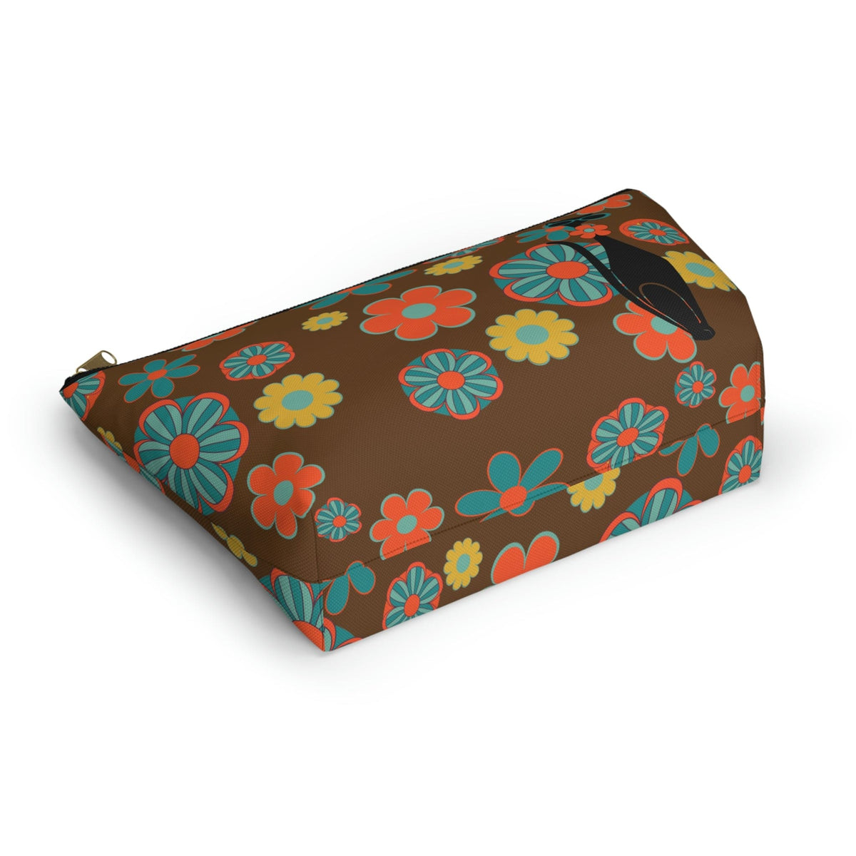 70's Flower Power, Retro Groovy Atomic Cat, Brown, Orange, Teal Accessory Makeup Pouch w T-bottom Bags