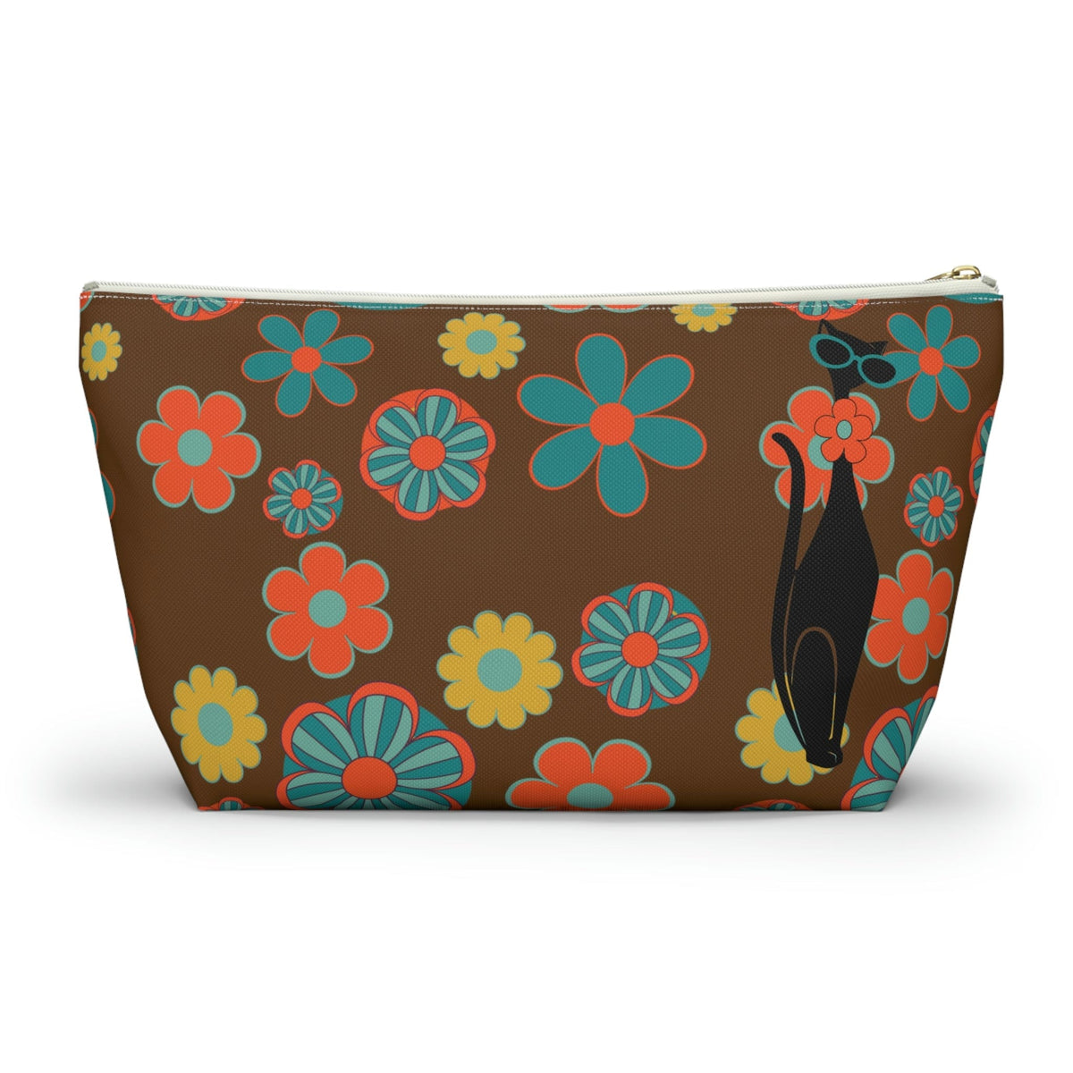70's Flower Power, Retro Groovy Atomic Cat, Brown, Orange, Teal Accessory Makeup Pouch w T-bottom Bags