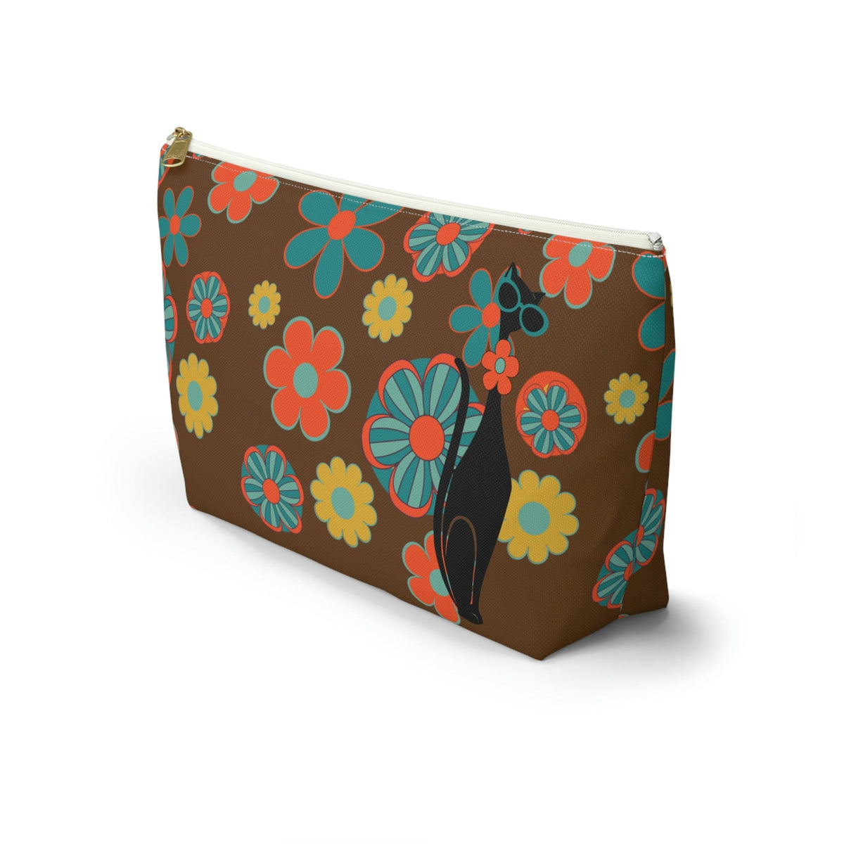 70's Flower Power, Retro Groovy Atomic Cat, Brown, Orange, Teal Accessory Makeup Pouch w T-bottom Bags