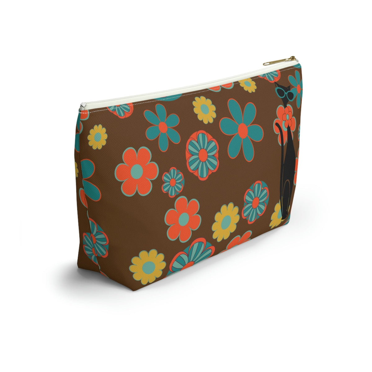 70's Flower Power, Retro Groovy Atomic Cat, Brown, Orange, Teal Accessory Makeup Pouch w T-bottom Bags