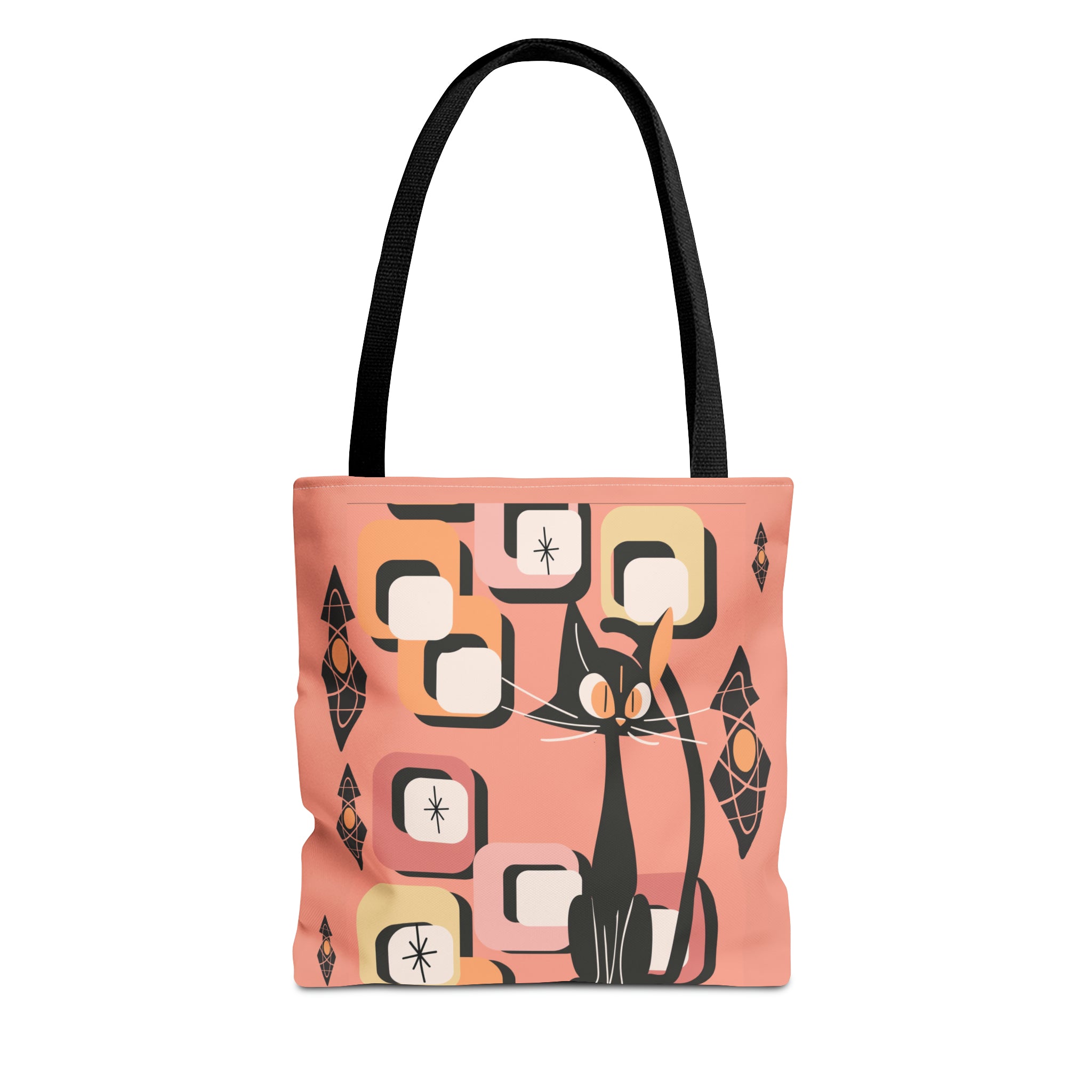 Atomic Cat Tote Bag, Coral Color, Mid Century Modern Geometric Designs, Mid Mod Retro Apparel - Mid Century Modern Gal