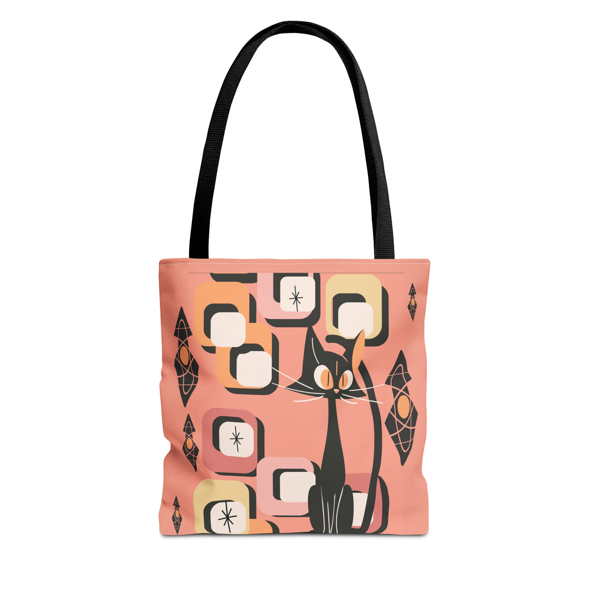 Atomic Cat Tote Bag, Coral Color, Mid Century Modern Geometric Designs, Mid Mod Retro Apparel - Mid Century Modern Gal