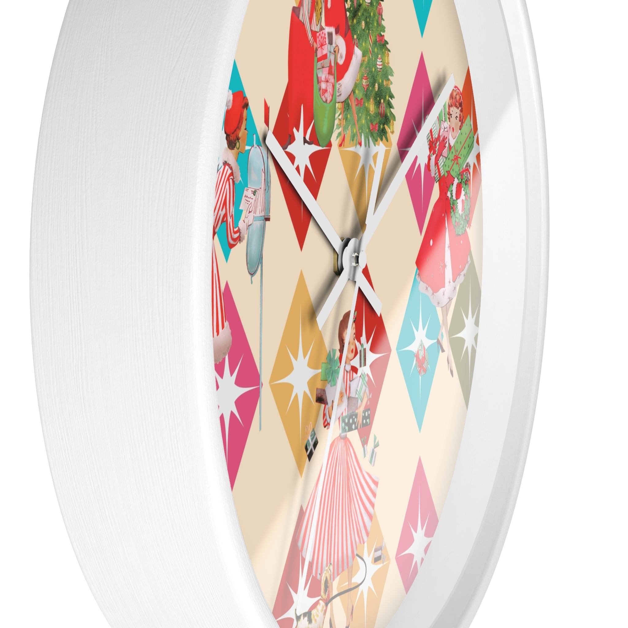 Holiday Retro Vintage Christmas Kitsch, Mid Century Modern Christmas Card Fun Kitschy 50s X-mas Wall Clock - Mid Century Modern Gal