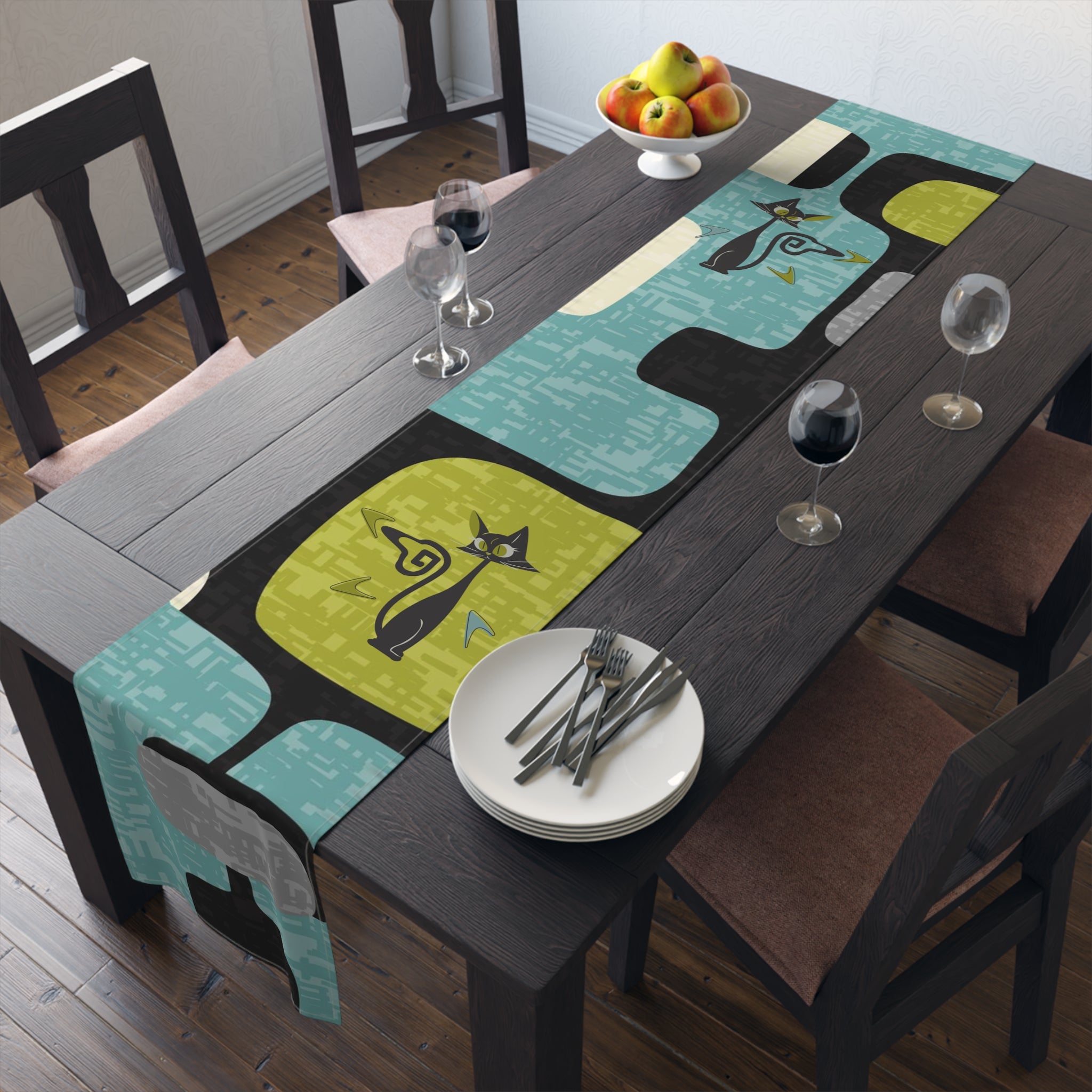 Mid Century Modern Table Runner, Atomic Kitties, Black Cats, Boomerangs Geometric Designed, Aqua, Green, Blue, Black, MCM Table Runner - Mid Century Modern Gal