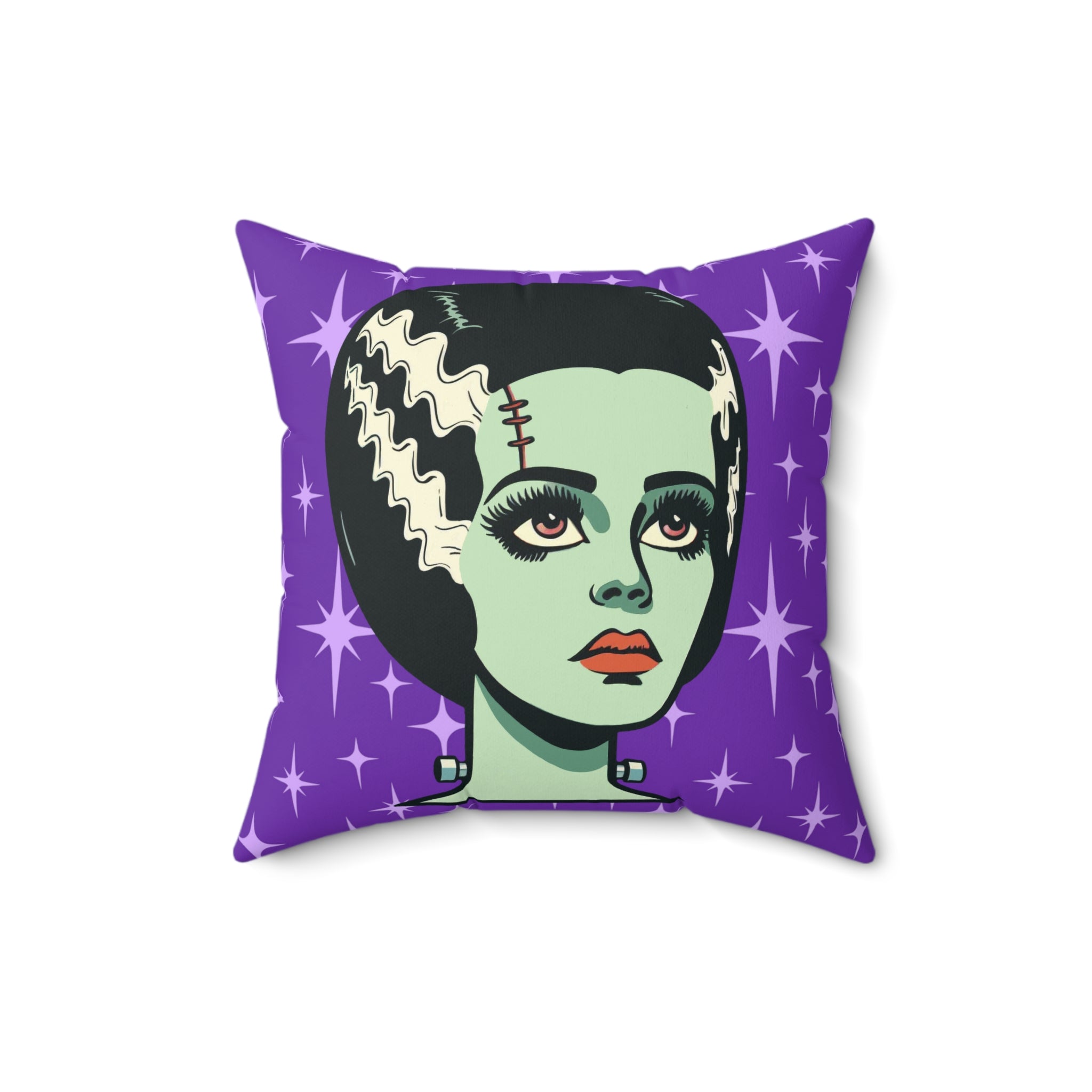 Bride of Frankenstein Retro Mid Mod Horror Buff Purple Halloween Pillow Cover and Insert - Mid Century Modern Gal