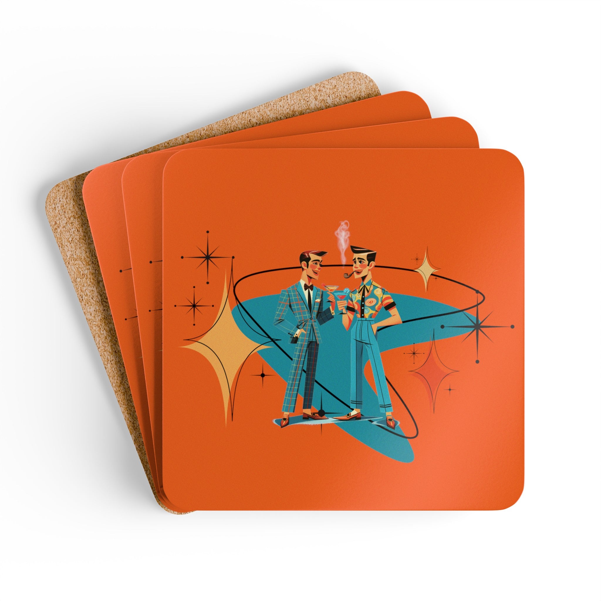 Mid Century Modern Gay Male Couple Gifts, Quirky Kitschy Sinatra Orange Corkwood Coaster Set - Mid Century Modern Gal
