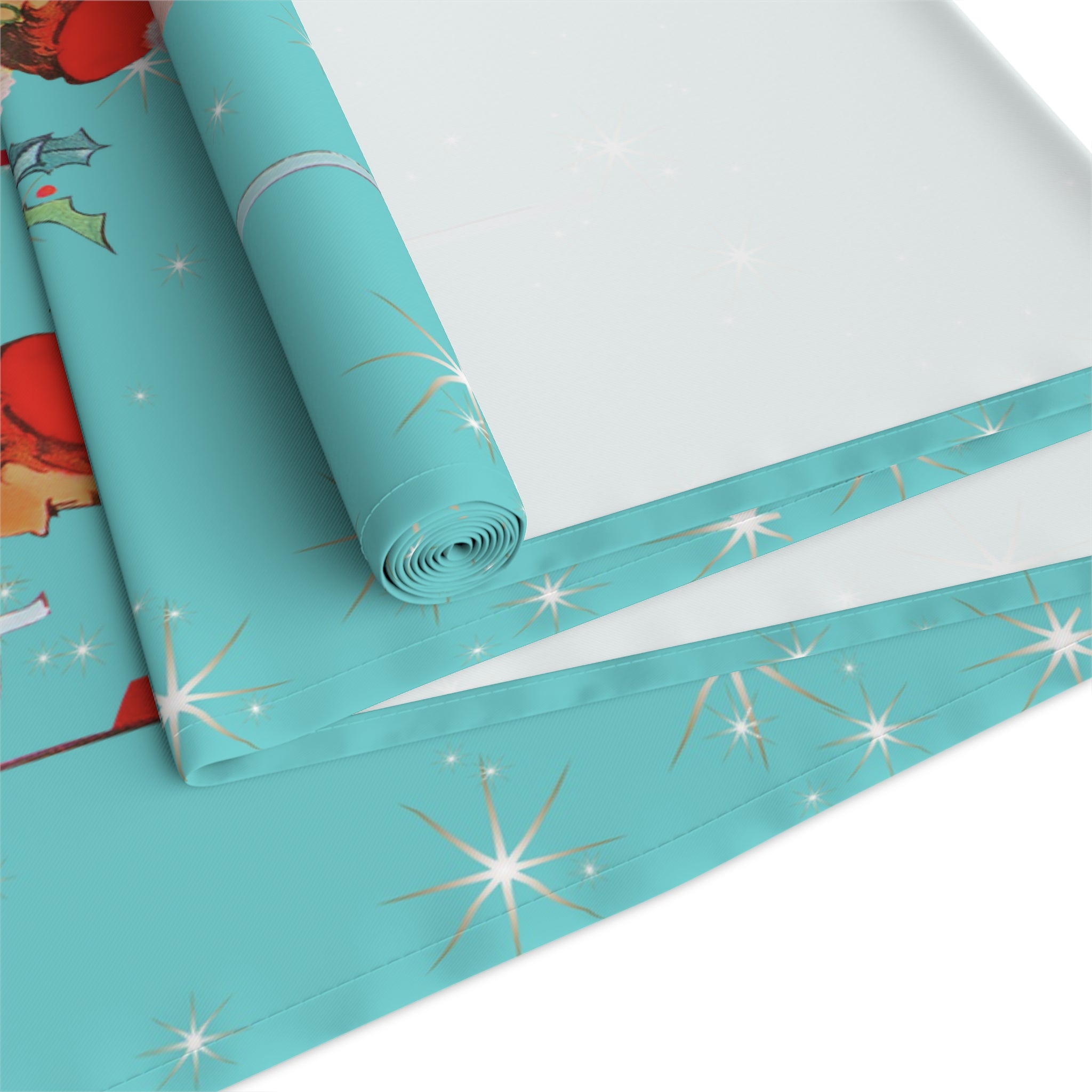 Whimsical 50s Retro Vintage Table Runner, Aqua Blue, North Pole Express, Vintage 50s Gal Holiday Christmas Table Linens - Mid Century Modern Gal