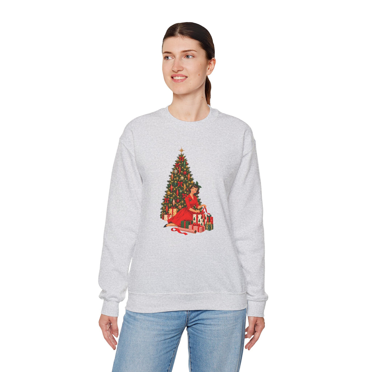 Mid Century Modern Christmas Glamour Gal Wrapping Presents by Tree Unisex Heavy Blend™ Crewneck Sweatshirt - Mid Century Modern Gal