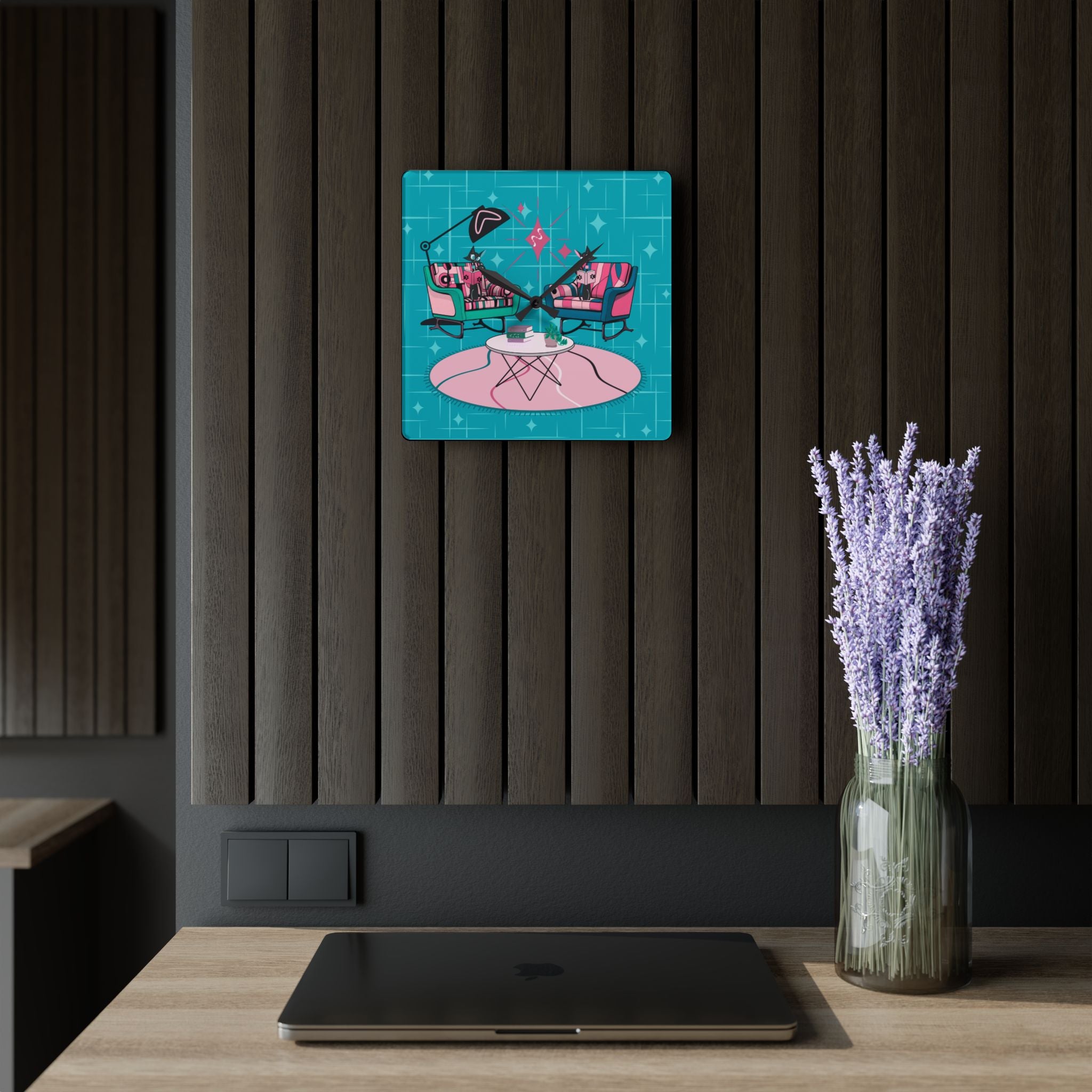 Atomic Reading Cats, Kitschy Mod Quirky Retro Modern Acrylic Wall Clock - Mid Century Modern Gal